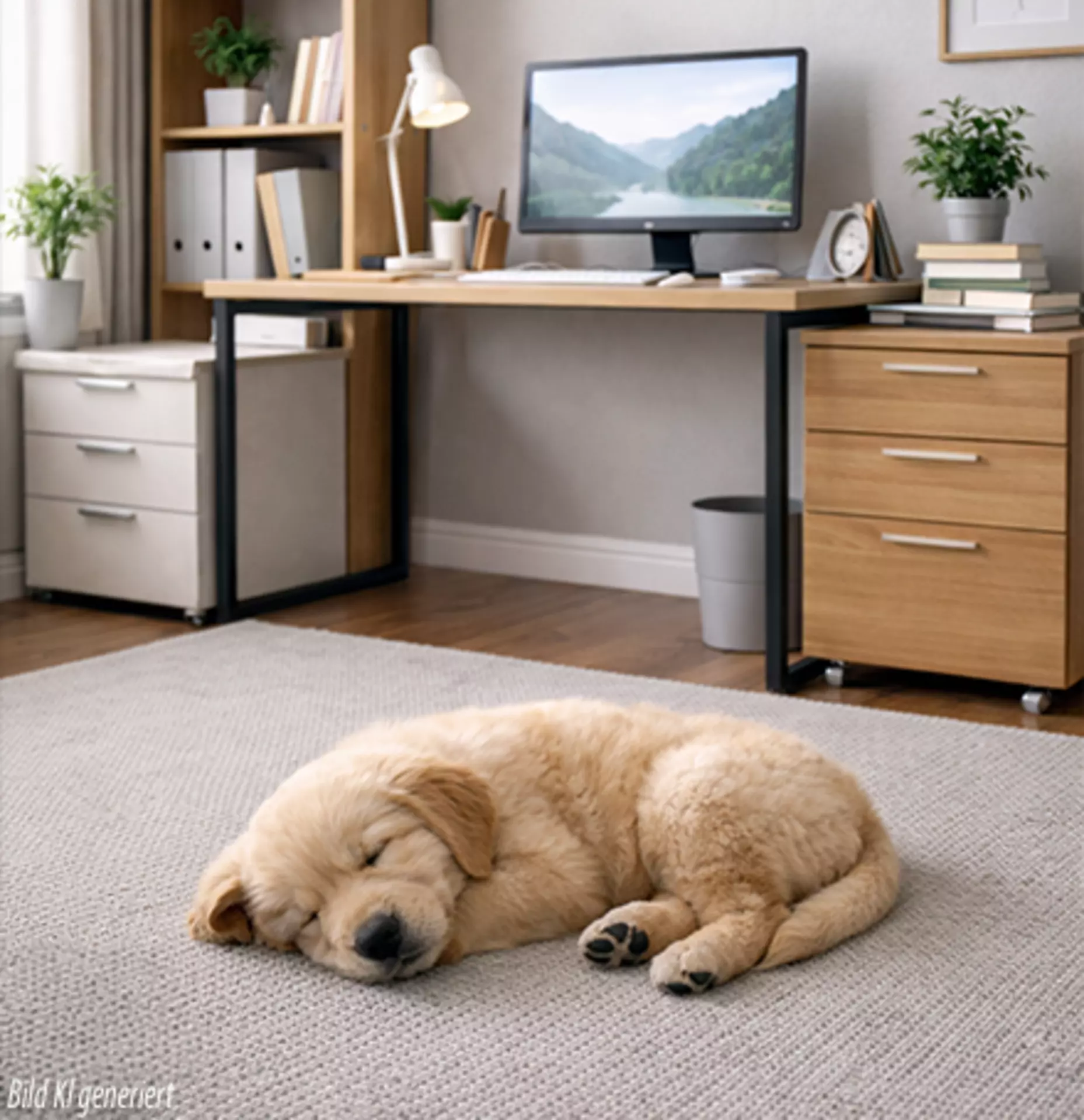 Kurzflorteppich mit schlafendem Hundewelpen vor einem Schreibtisch mit Rollcontainer im Arbeitszimmer