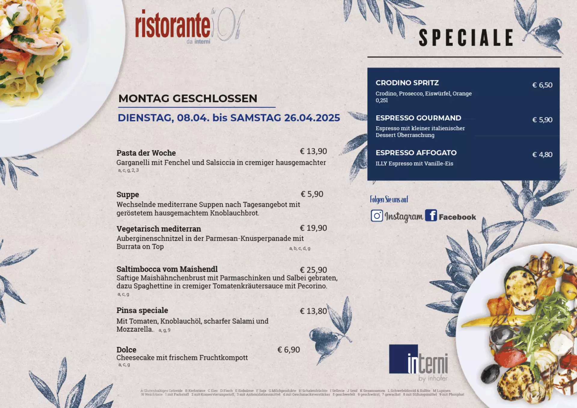 Aktuelle Speisekarte des Ristorante da interni