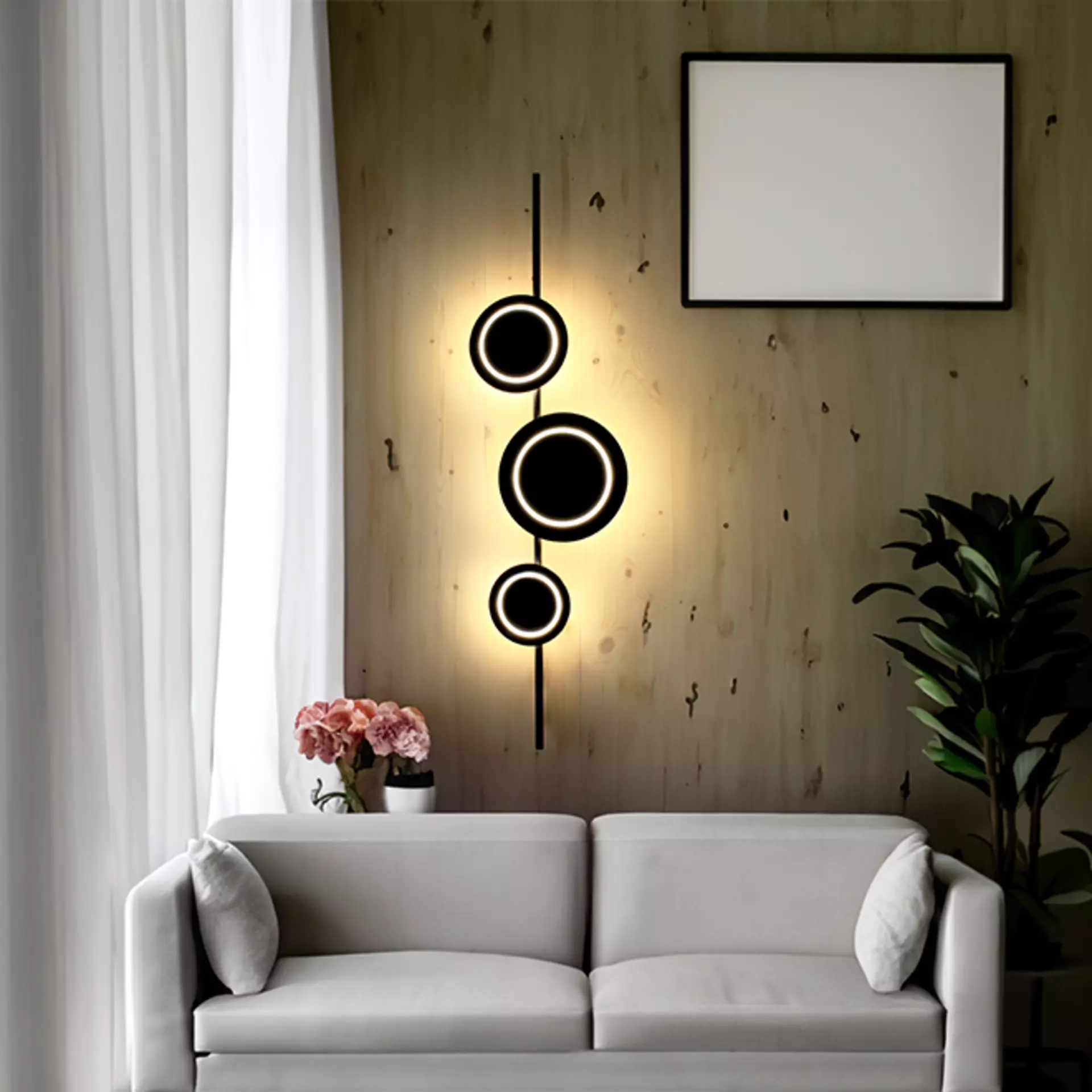 Dekorative Wandleuchte vor grauemZweieinhalbsitzer Sofa