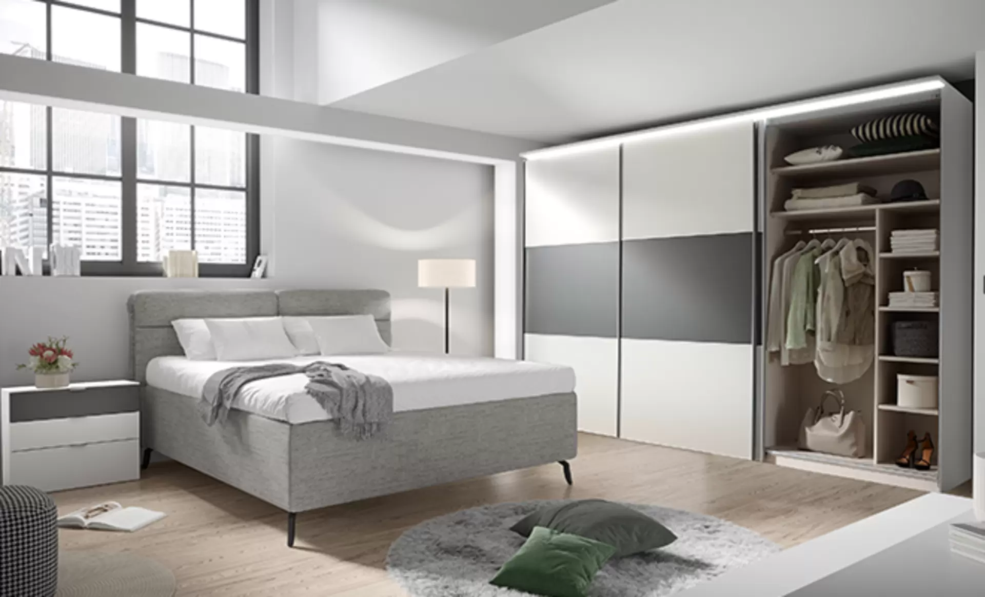 Modernes Schlafzimmer in Weiß mit grauen Akzenten