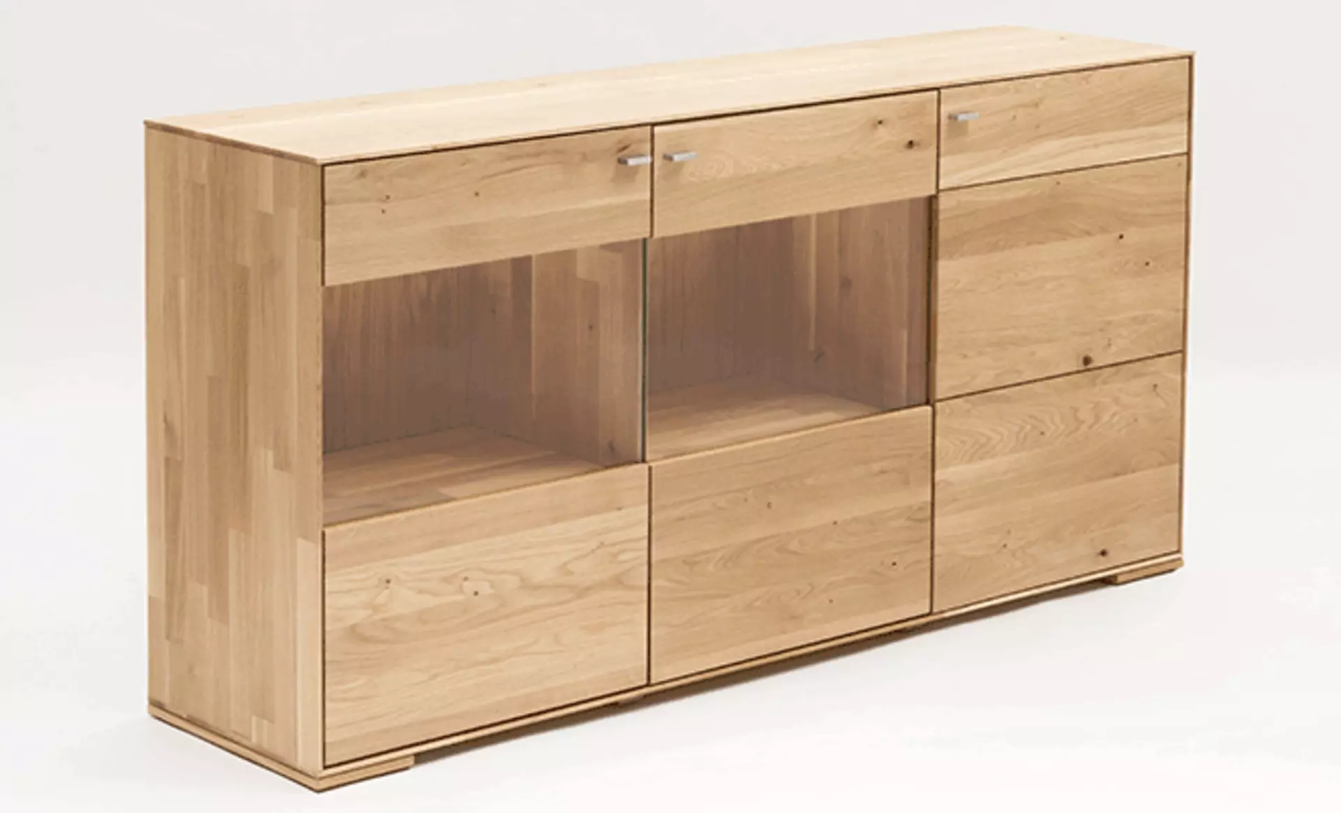 Sideboard aus hellem Massivholz mit Vitrinenteil von Dudinger