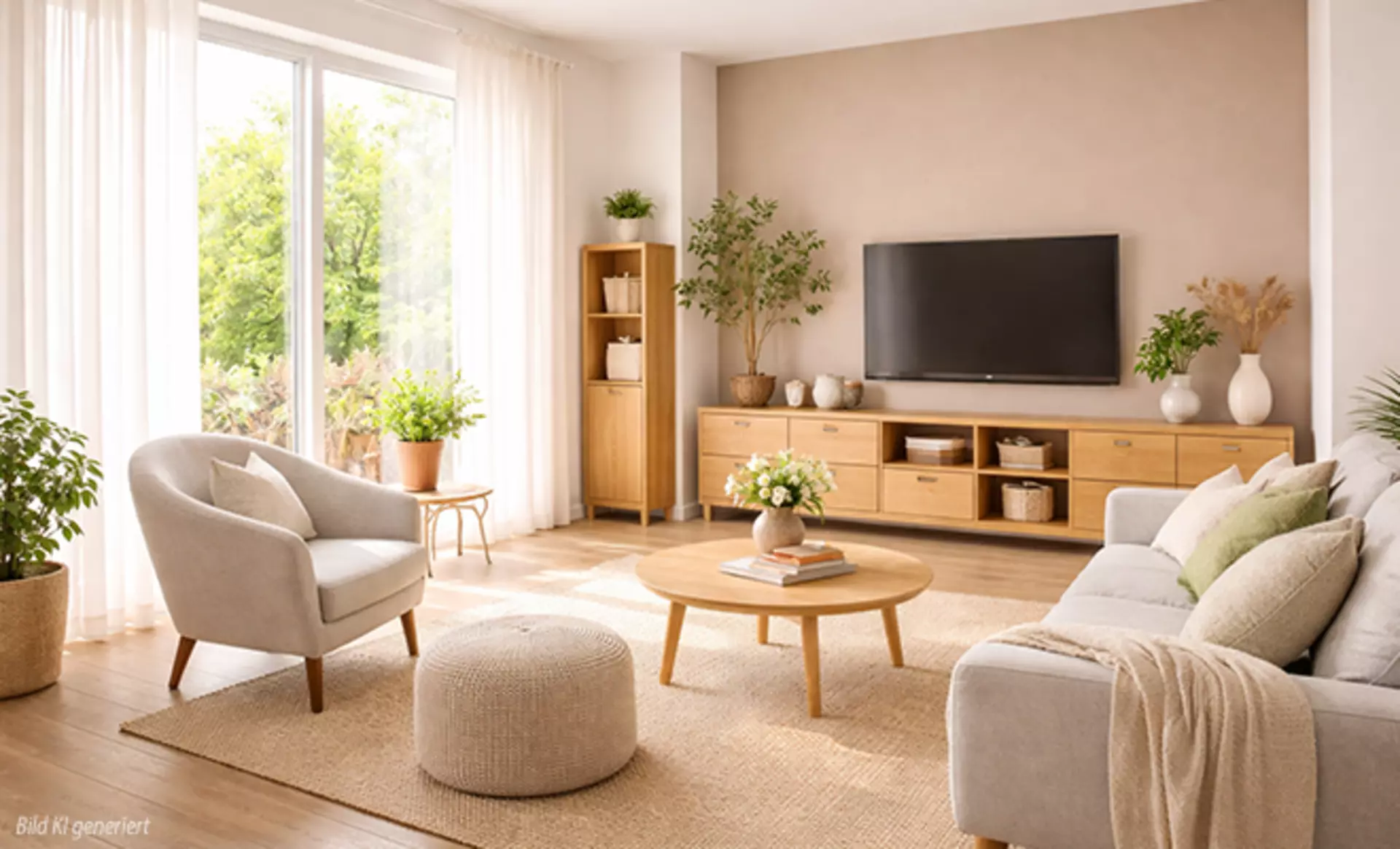 Kleines modernes Wohnzimmer mit Holzmöbeln, 2-sitzer Sofa und Sessel