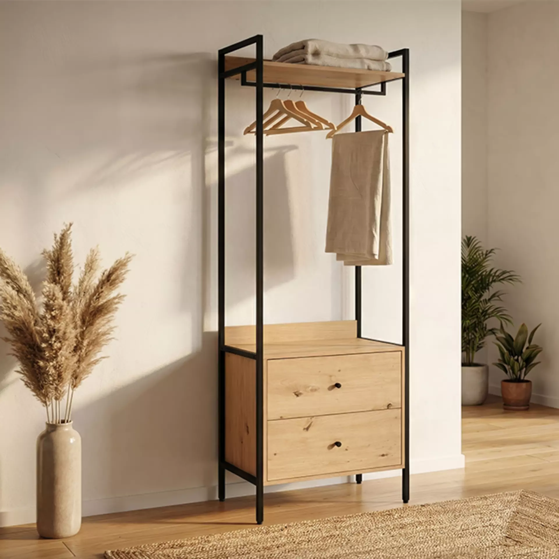 Offene Landhausstilgarderobe mit Metallrahmen und zwei Schubladen für den kleinen Flur