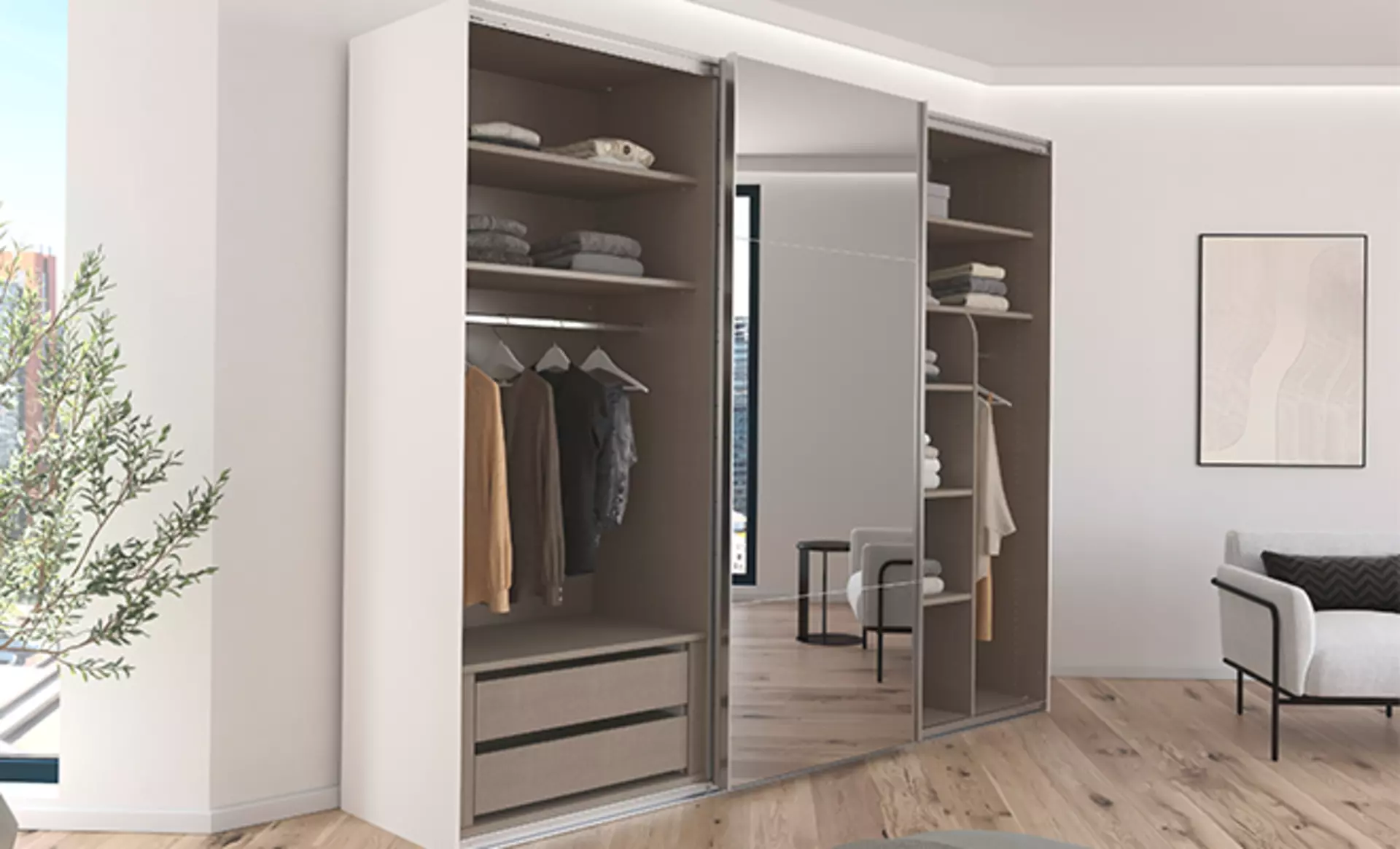 weißer Schwebetürenschrank mit Spiegel