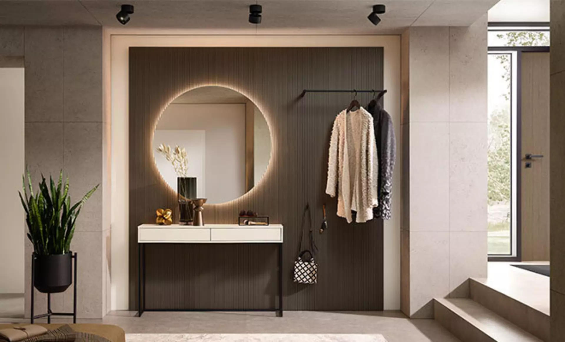 dunkel gehaltene minimalistische Garderobe