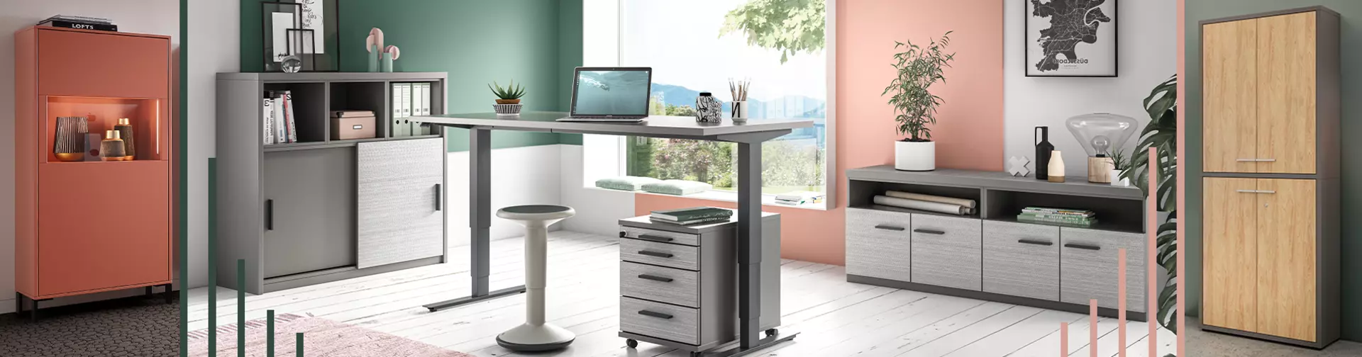 Mit höhenverstellbarem Schreibtisch und passenden Schränken Ihr Arbeitszimmer einrichten