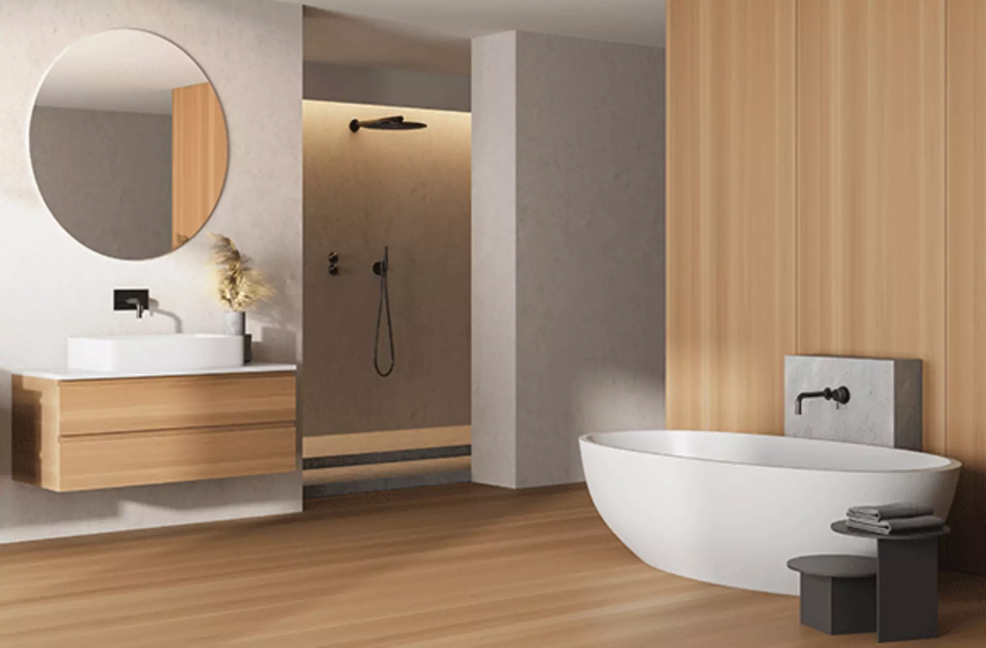 großes badezimmer in holzoptik mit frei stehender badewanne und warmer beleuchtung in der dusche