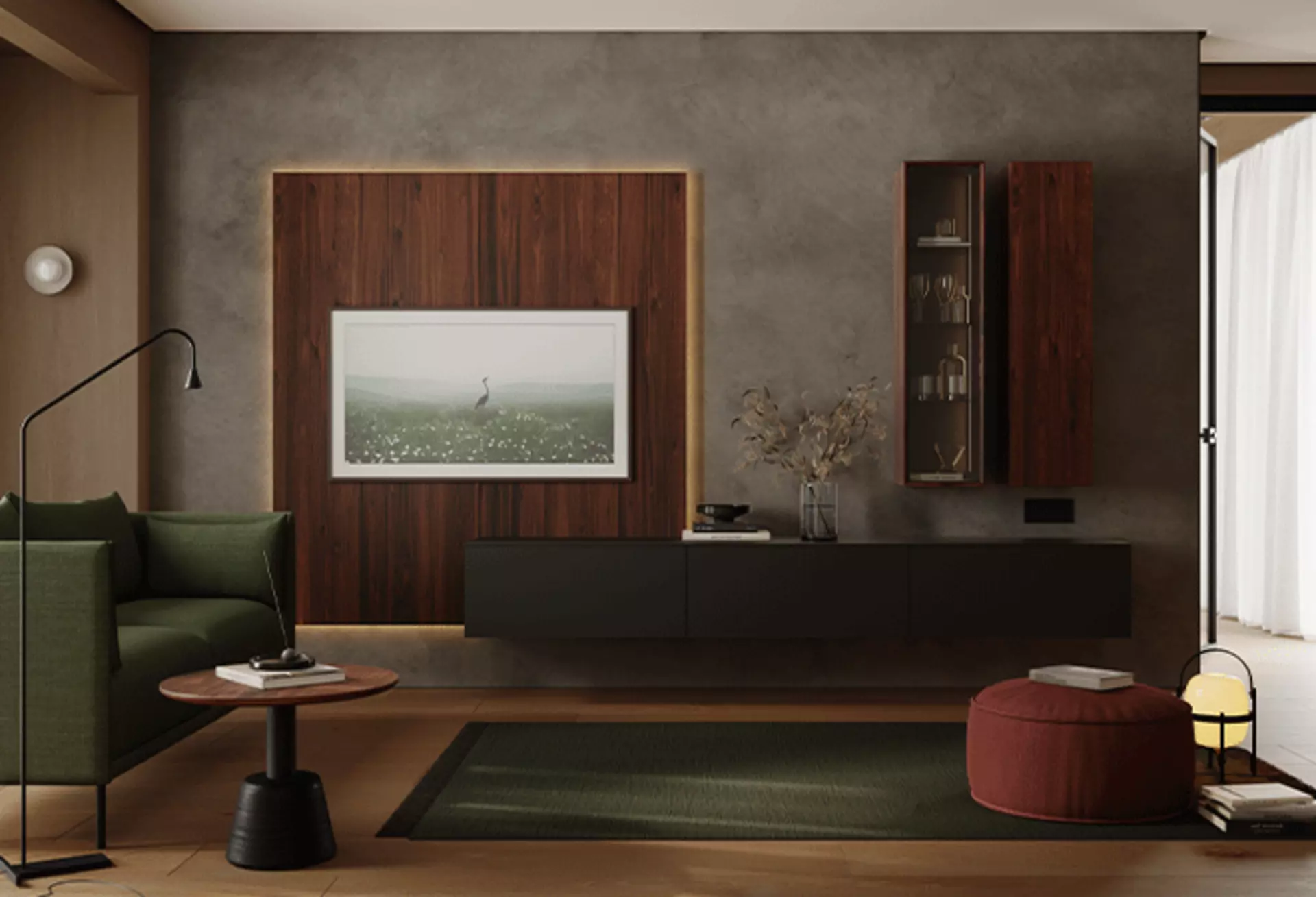 Dunkel gebeizte Wohnwand aus flexiblen Schrankelementen von Walden