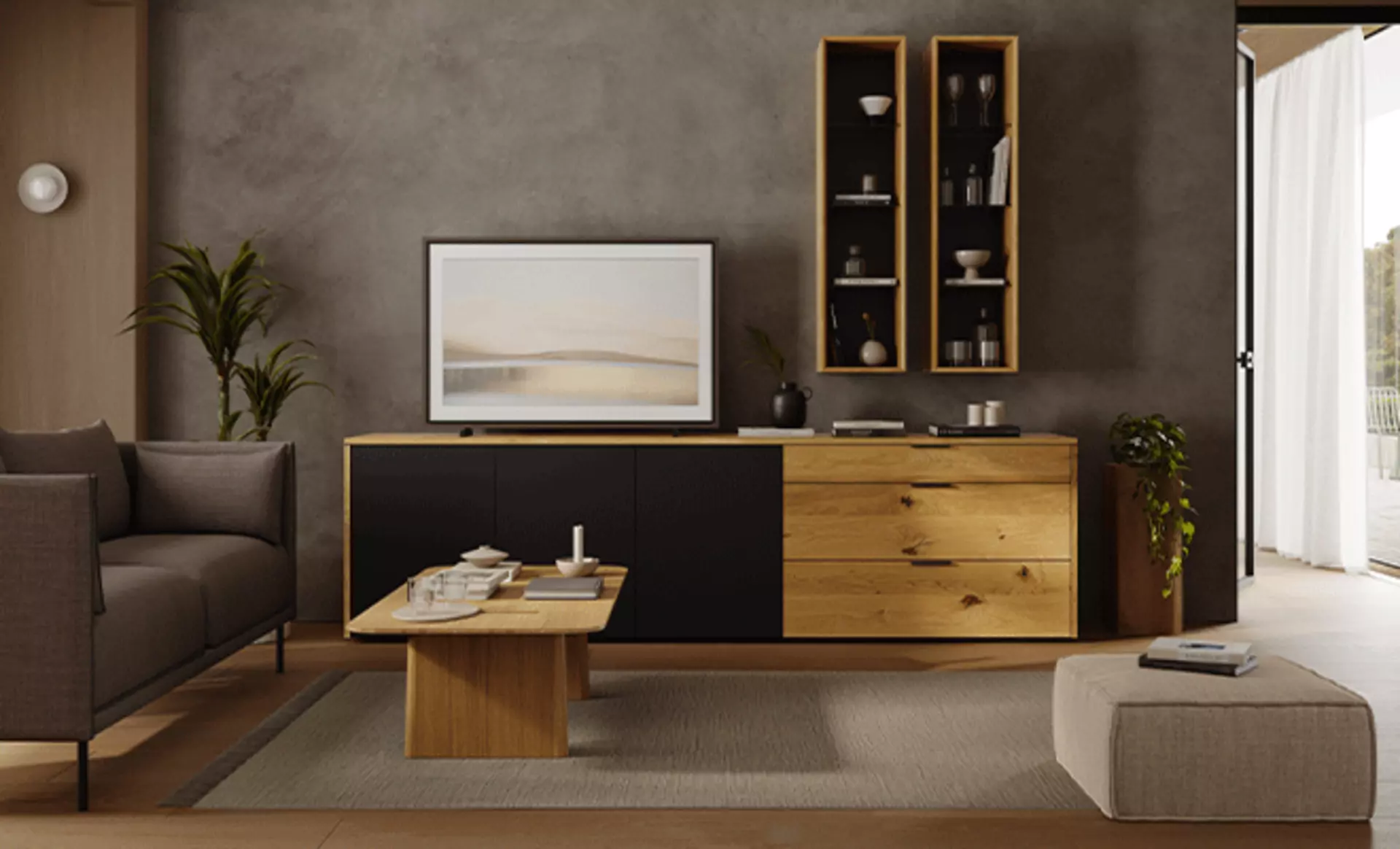 Wohnwand aus hellem und dunkel gebeiztem Holz von Walden