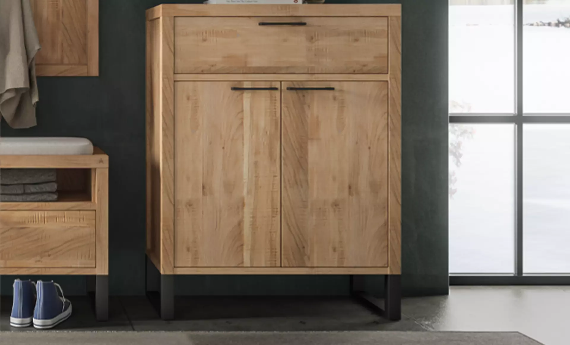 Massivholz Schuhschrank mit Metallbeinen unbehandelt