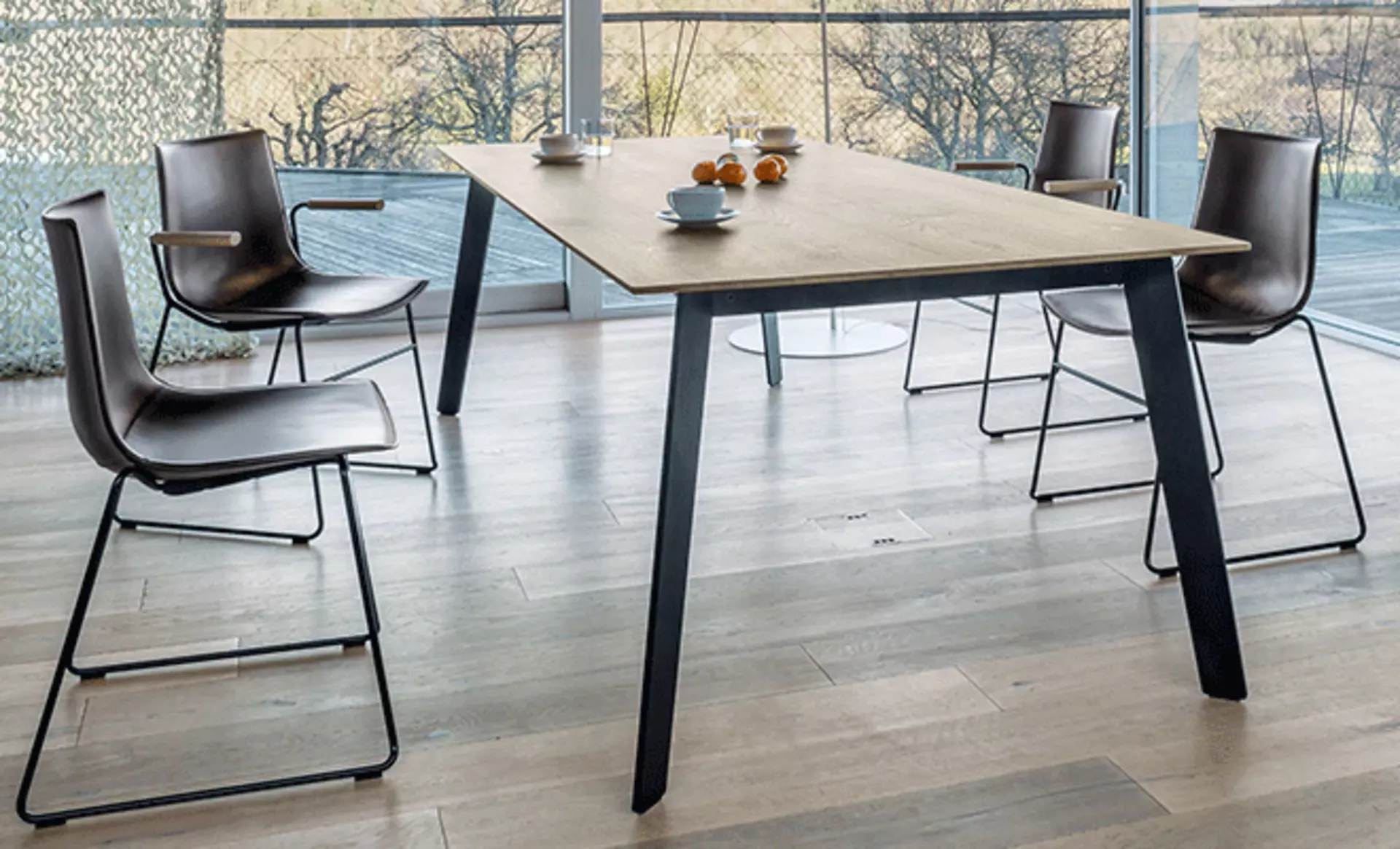 Massivholztisch mit eleganter Flachstahlstruktur - der Esstisch Linar von Girsberger