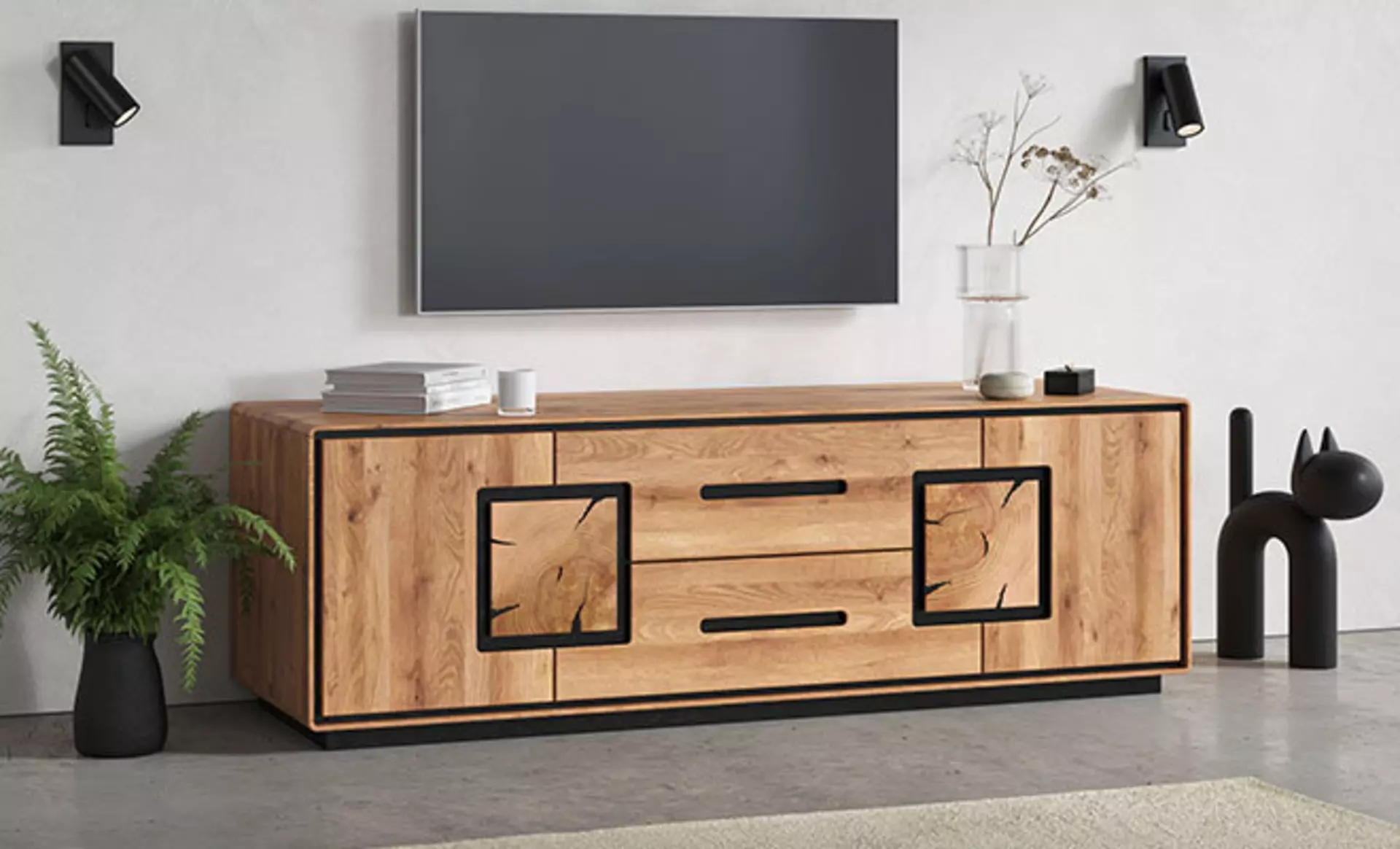 Ein Lowboard in einem Wohnzimmer aus Massivholz