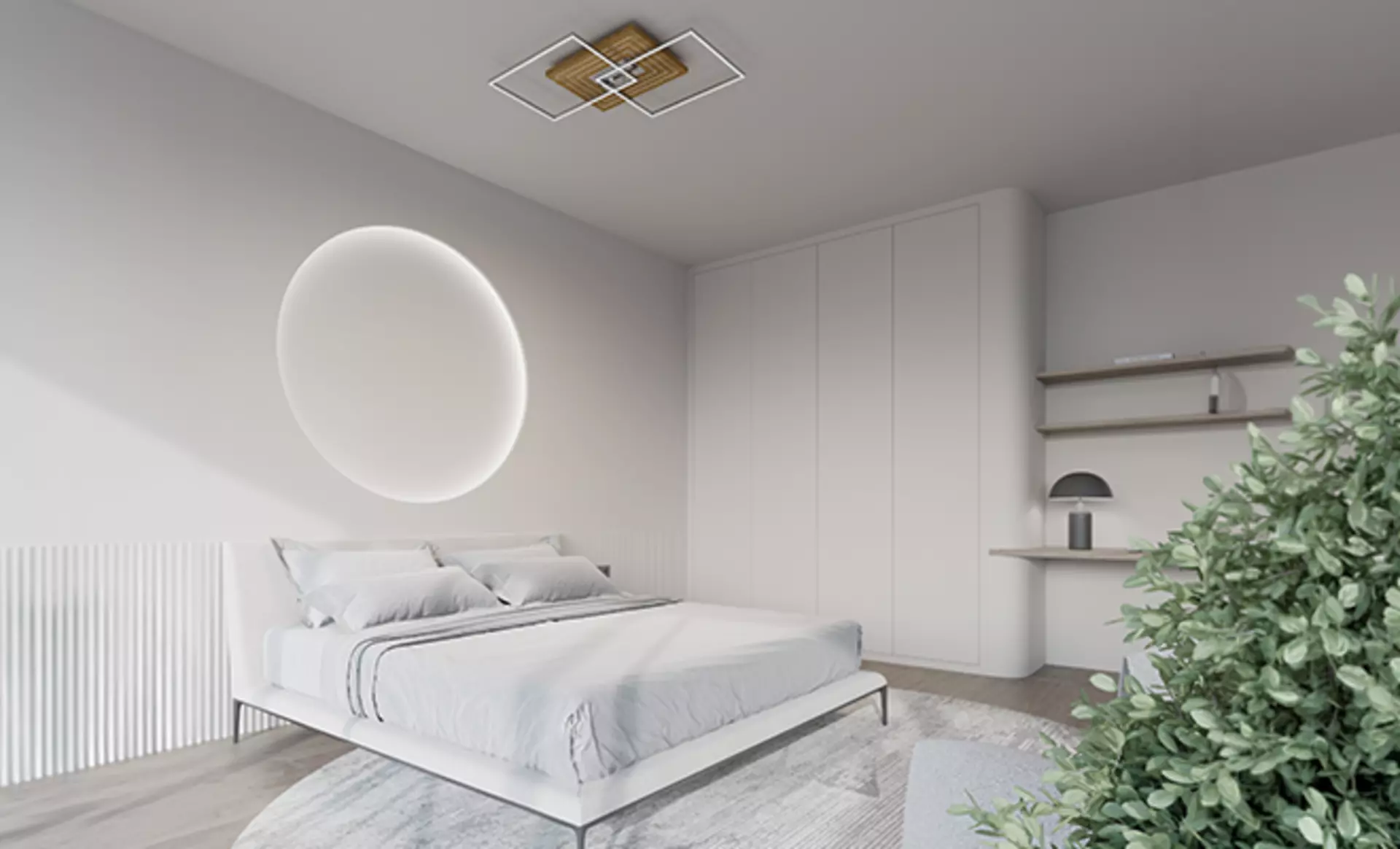 Die Elobra Deckenleuchte Inka L in einem weißen Schlafzimmer.