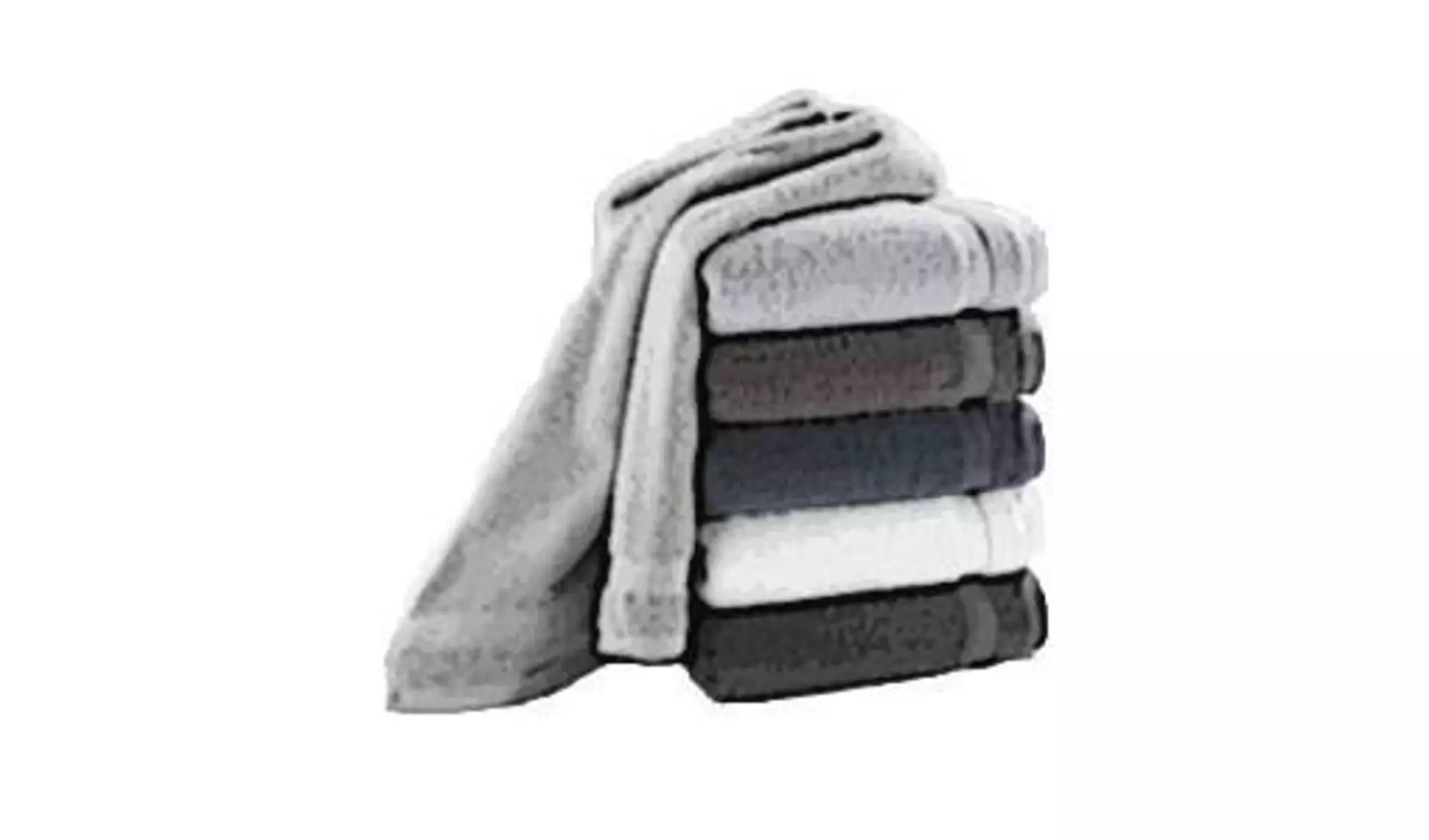 Badtextilien hier abgebildet als aufeinandergestapelte Handtücher in unterschiedlichen Grautönen. Das oberste Handtuch ist nicht zusammengelegt und hängt über die linke Seite am Stapel herab.