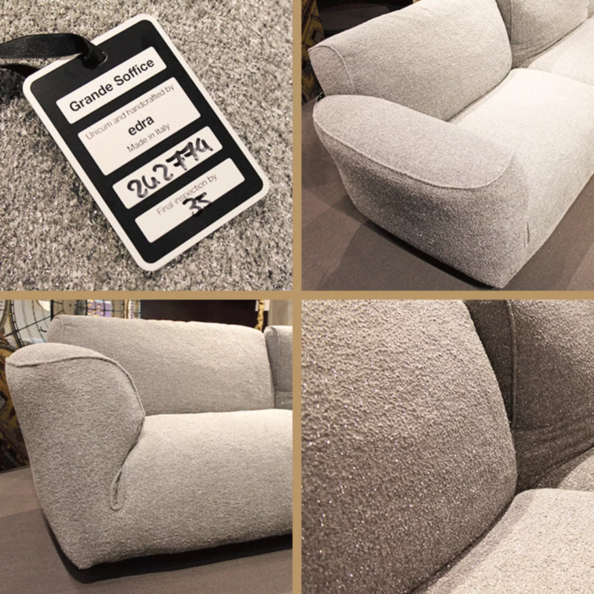 Mineralischer Glanz - das Edra-Sofa Grande Soffice mit grauem Glitzerbezug