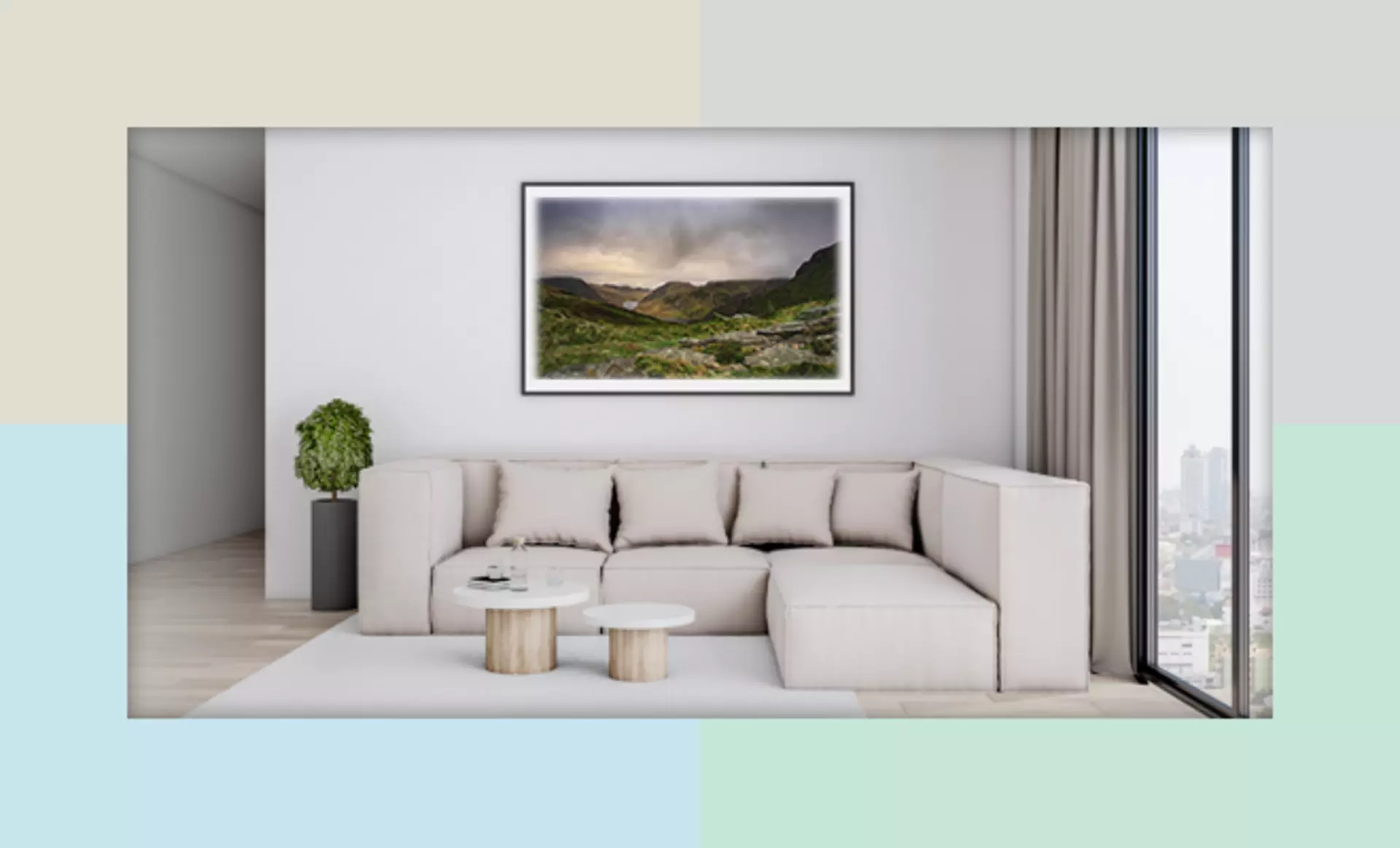 Off-White Wandfarben umrahmen ein Wohnzimmer mit großem Wandbild einer Landschaft