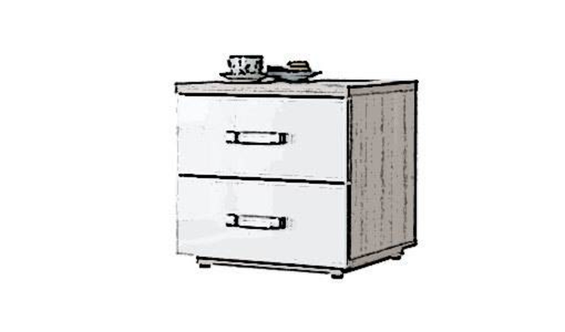 Icon für Nachttisch ist ein Holzquader mit zwei Schubladen, die zum Kontrast eine weiße Front und geradlinige Edelstahlgriffe haben.