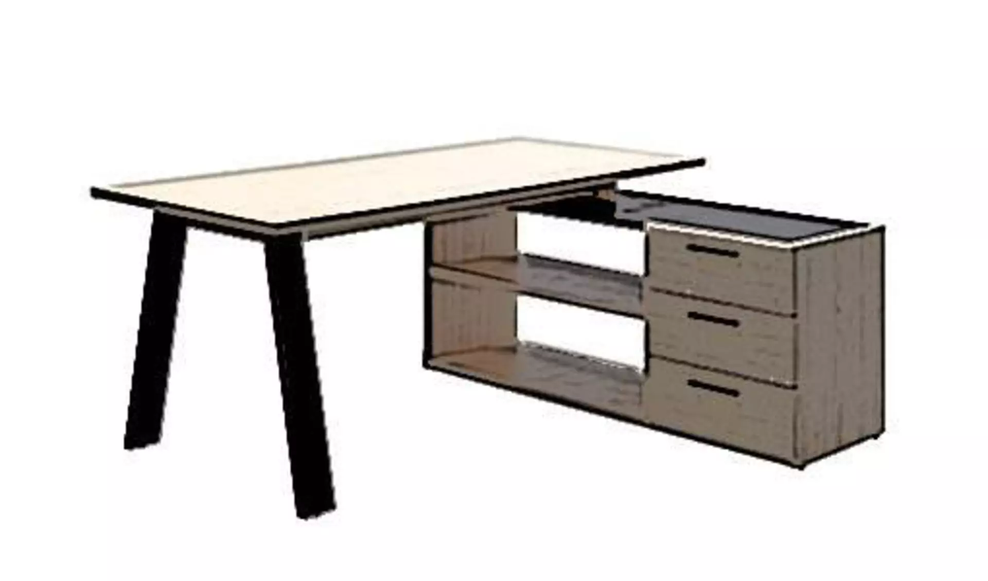 Eckschreibtisch aus Holz mit einer Schreibtischplatte auf der linken Seite und Regalfächer, sowie Schubladen auf der rechten Seite. Der stilisierte Eckschreibtisch steht für alle Bürotische diese Art.