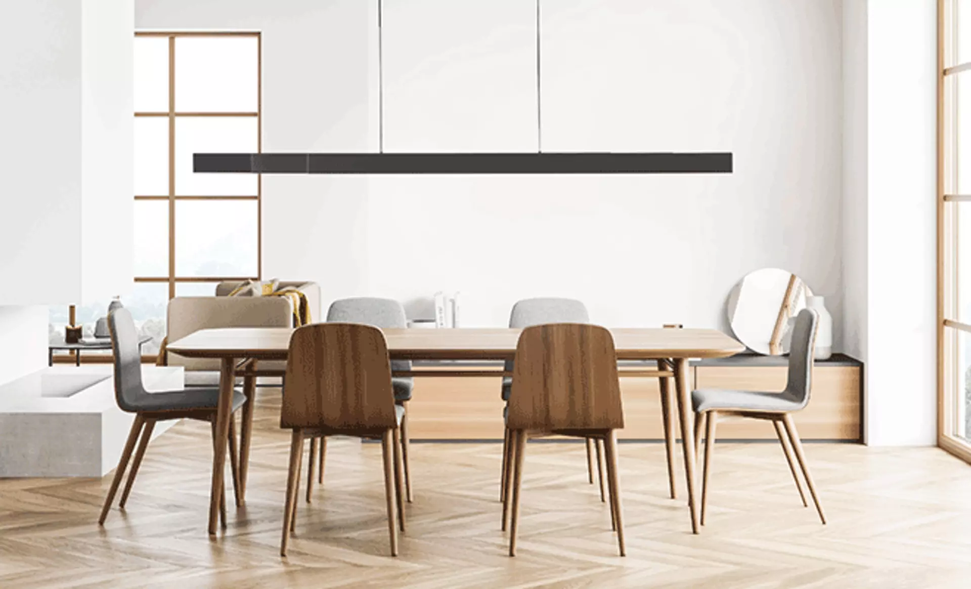 Moderne Pnedelleuchte von Paul Neuhaus über einem modernen Esstisch