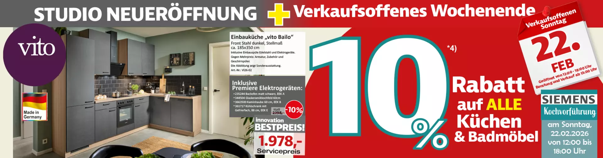 Jetzt 10% auf Küchen & Badmöbel sichern! Nur bis zum verkaufsoffenen Sonntag am 22. Februar bei Innovation Küche und Bad in Günzburg