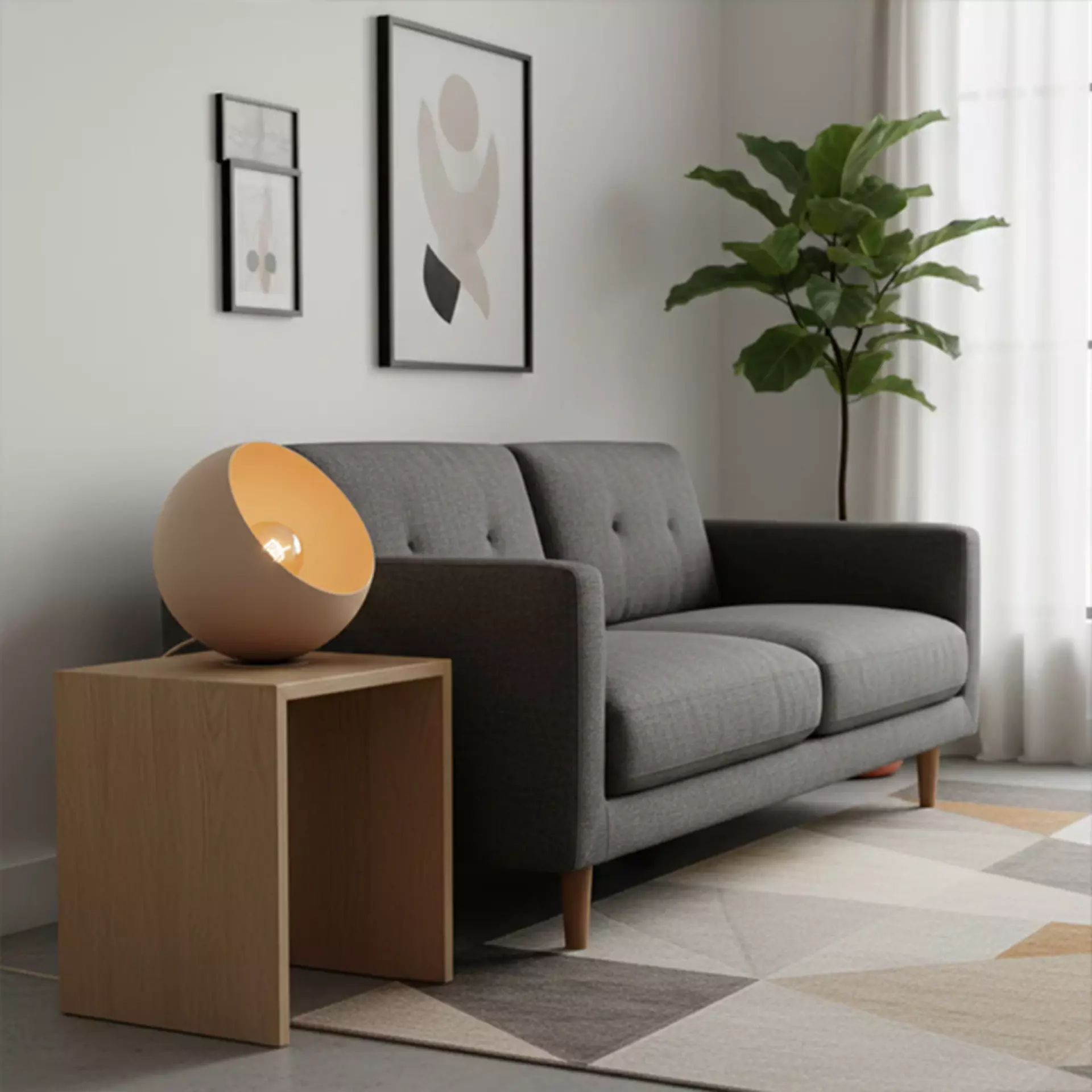 Kugelleuchte neben modernem Zweisitzer-Sofa