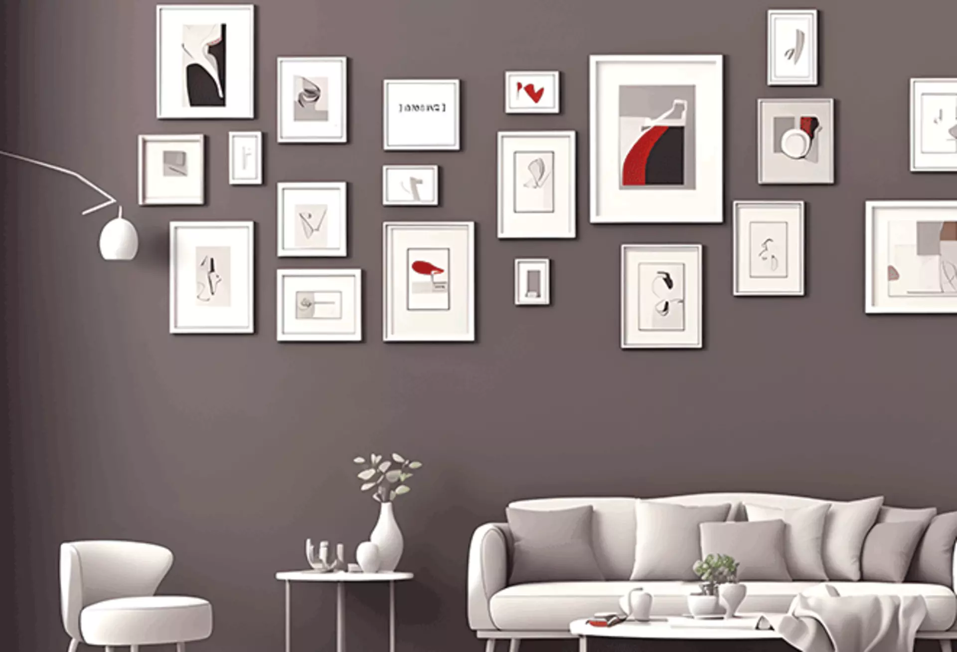 Vielfältige Bilderwand mit Kunstmotiven und Sprüchen in einem modernen Wohnzimmer