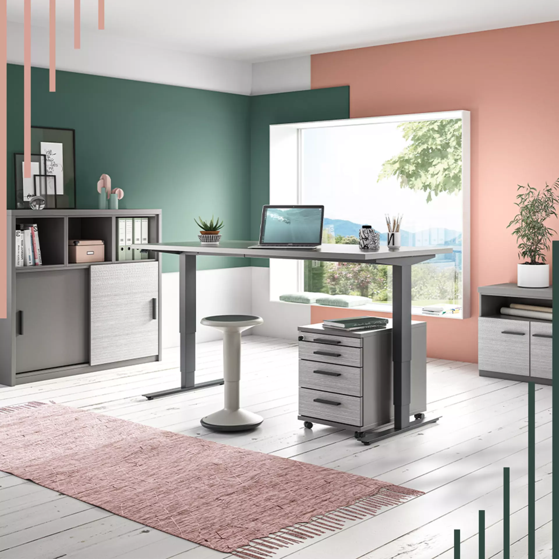 Mit höhenverstellbarem Schreibtisch und passenden Schränken Ihr Arbeitszimmer einrichten
