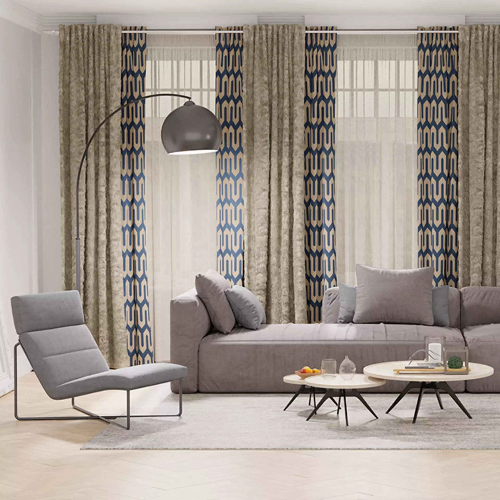 Wohnzimmer mit Vorhangschals , Polstermöbeln und Couchtischen im Mid Century Modern Stil
