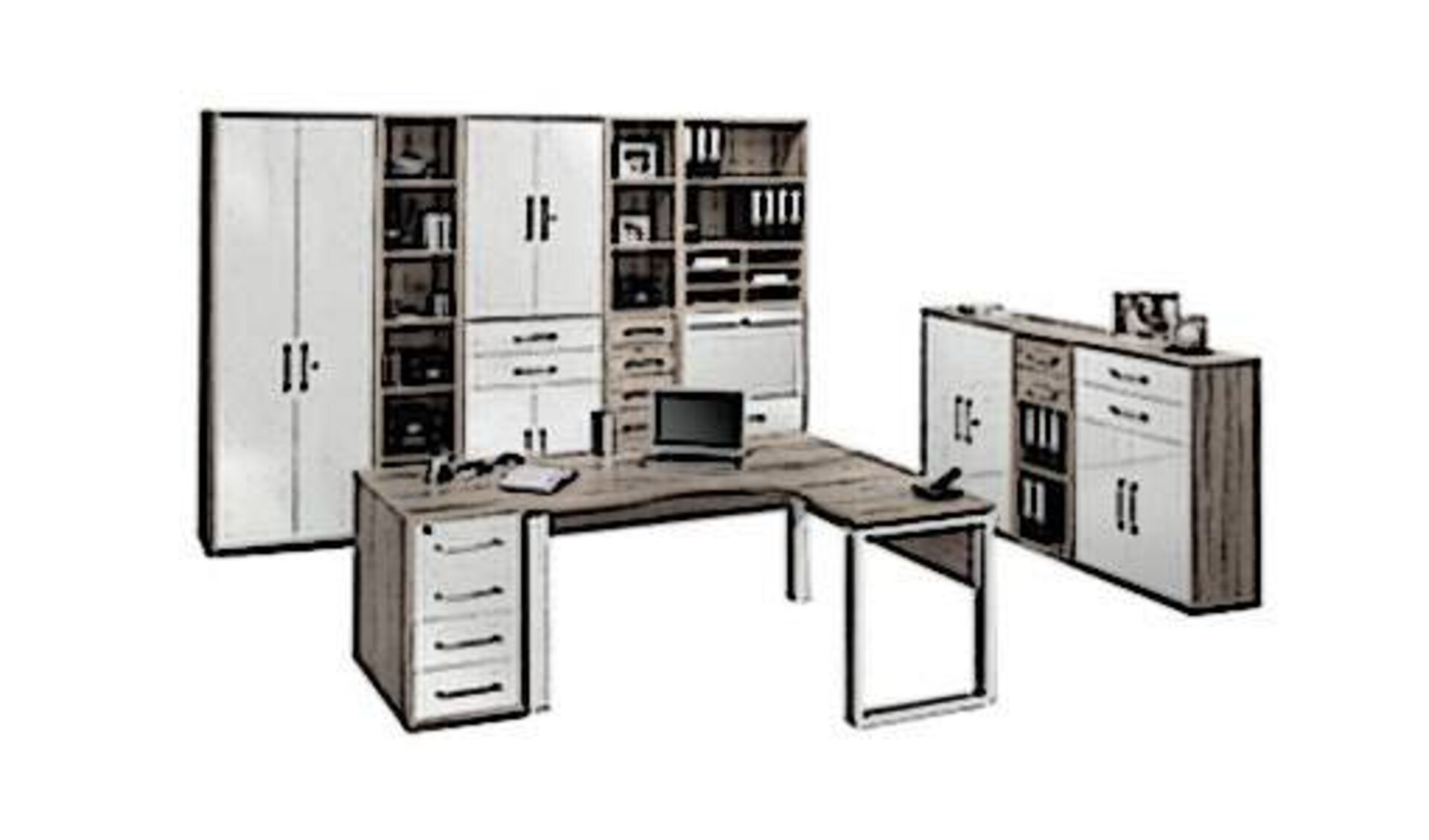 Arbeitszimmer bestehend aus Schreibtisch, Aktenschrank und Büroschrank