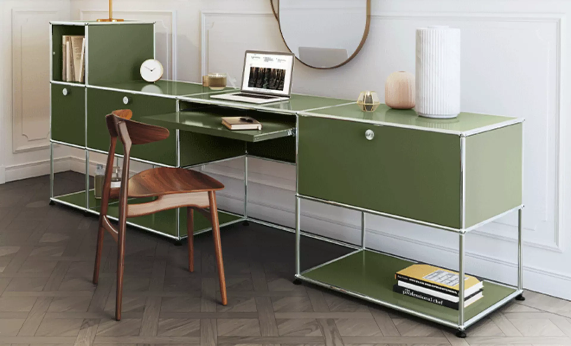 Nutzbar als Schreibtisch, Schminktisch und mehr - USM Kastenmöbel in Olivgrün sind zeitlose Allrounder