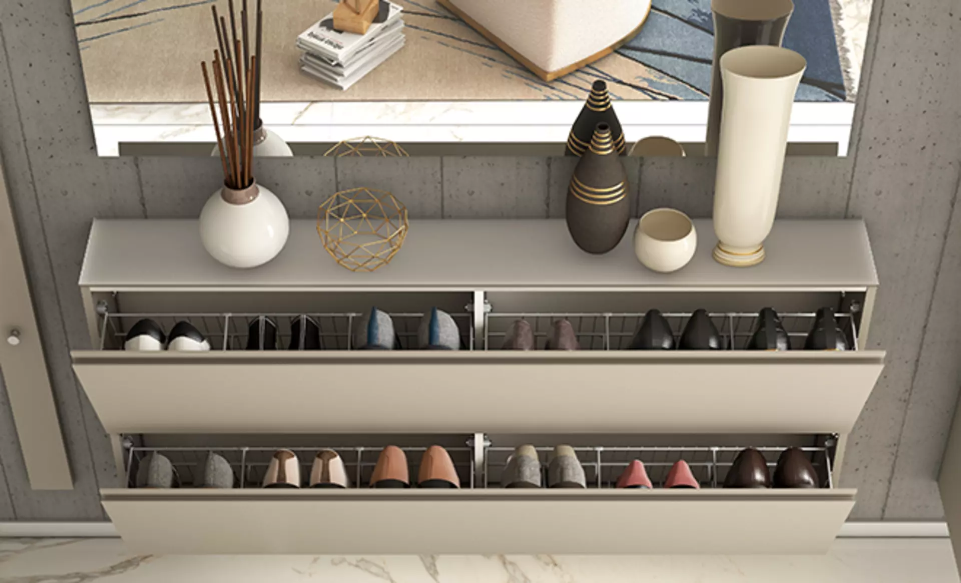 Schuhschränke zum Aufklappen wie hier zu sehen in elegantem Grau sind wahre Wunder. Sie schaffen Ordnung und sind gleichzeitig schlicht und dünn ohne den Flur zu erdrücken
