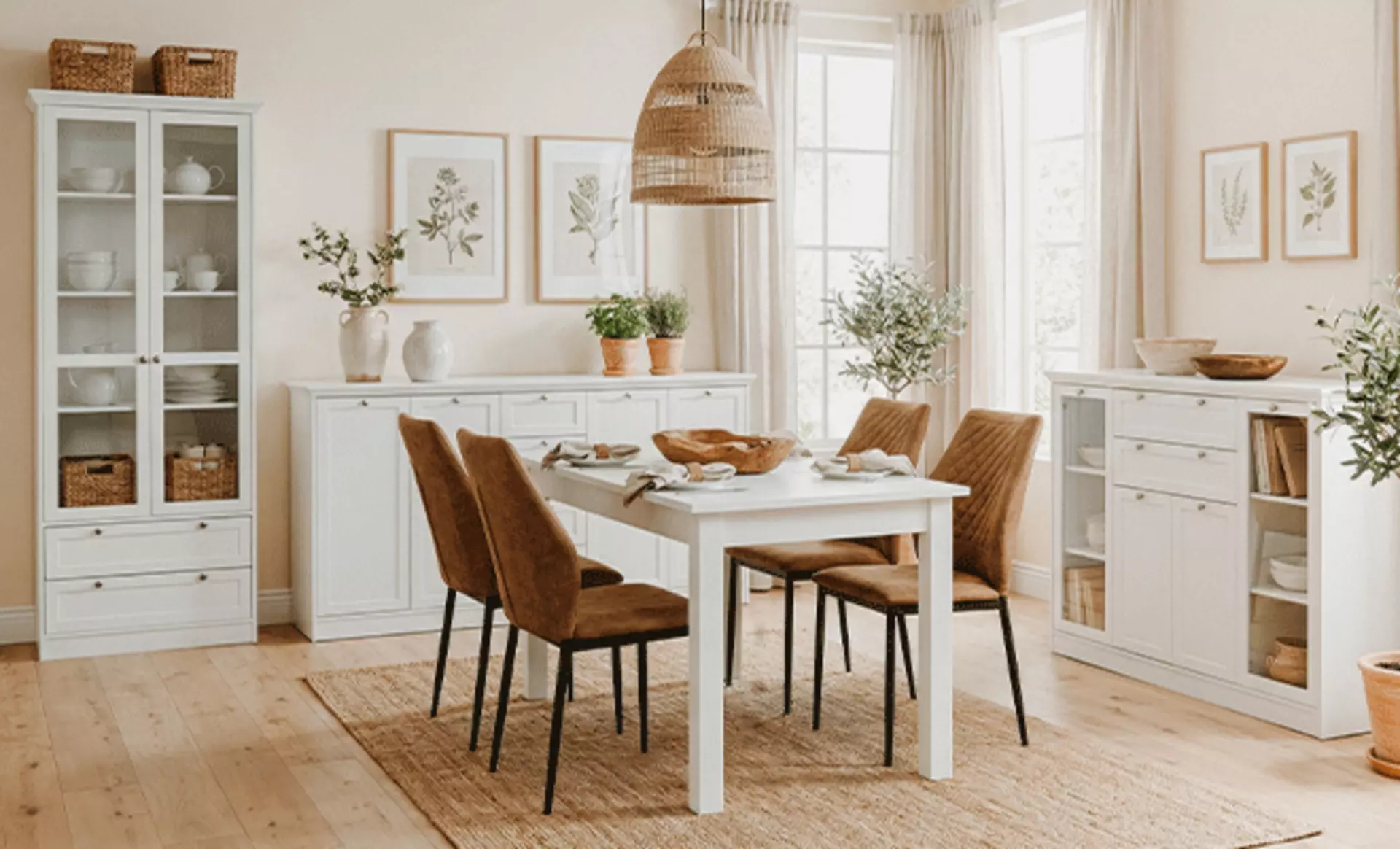Pure Nature Esszimmer: Dieser Look vereint den klassischen Charme weißer Landhausmöbel mit der Wärme natürlicher Materialien.