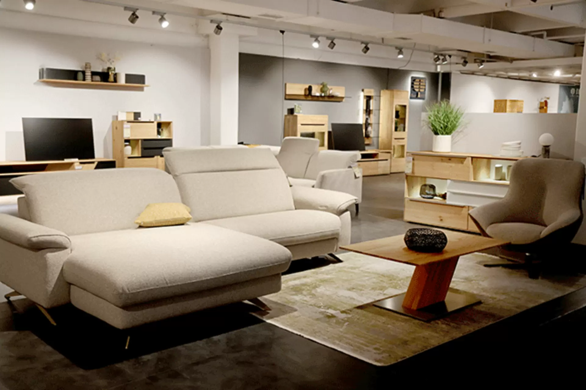 Decker Studio Wohnen bei Möbel Inhofer - Moderne Massivholz-Wohnwand und helle Polstergarnitur