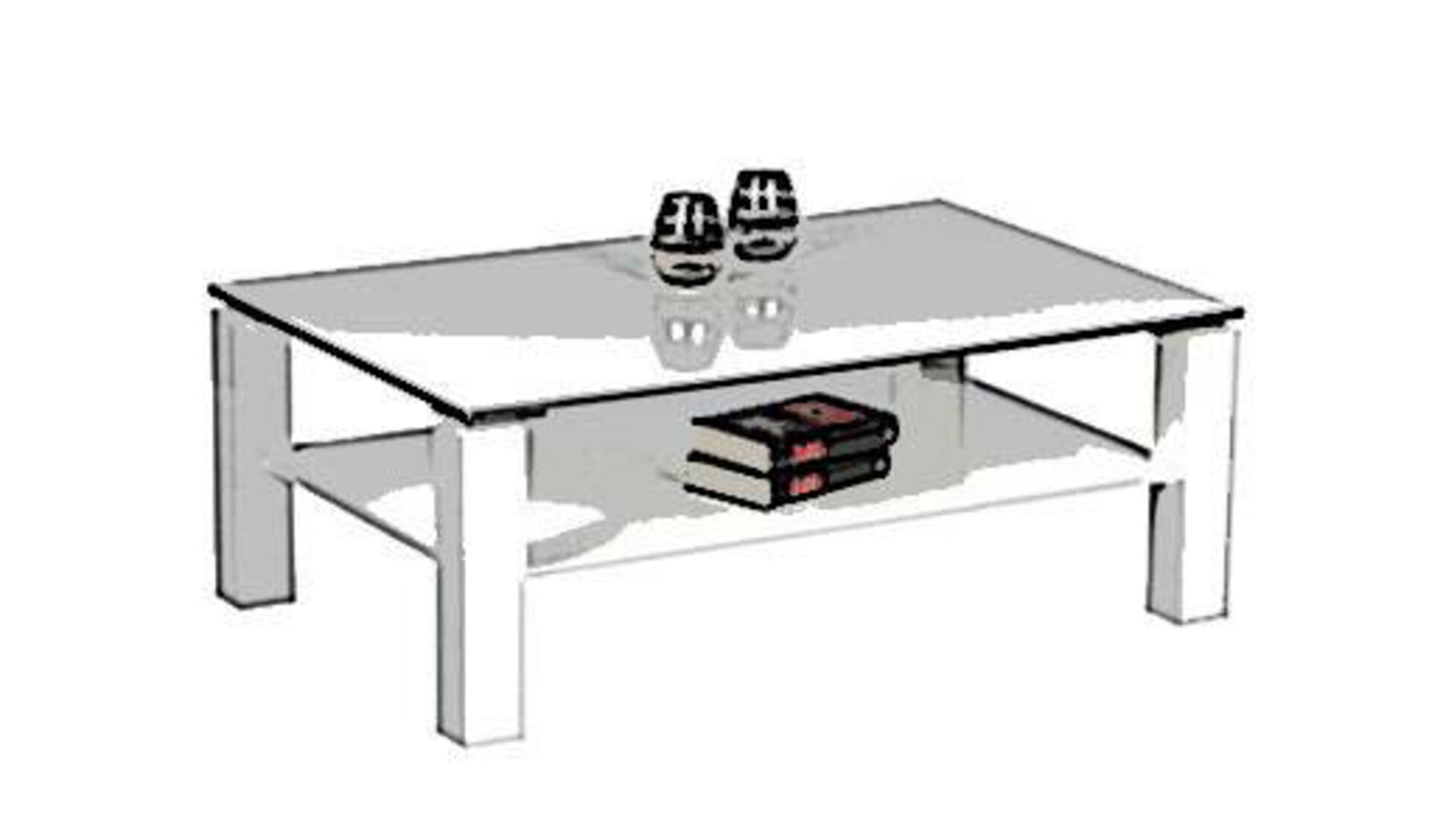 Stilisierter weißer Couchtisch in rechteckiger Form mit quadratischen Tischbeinen und Ablagefläche unterhalb der Tischplatte.