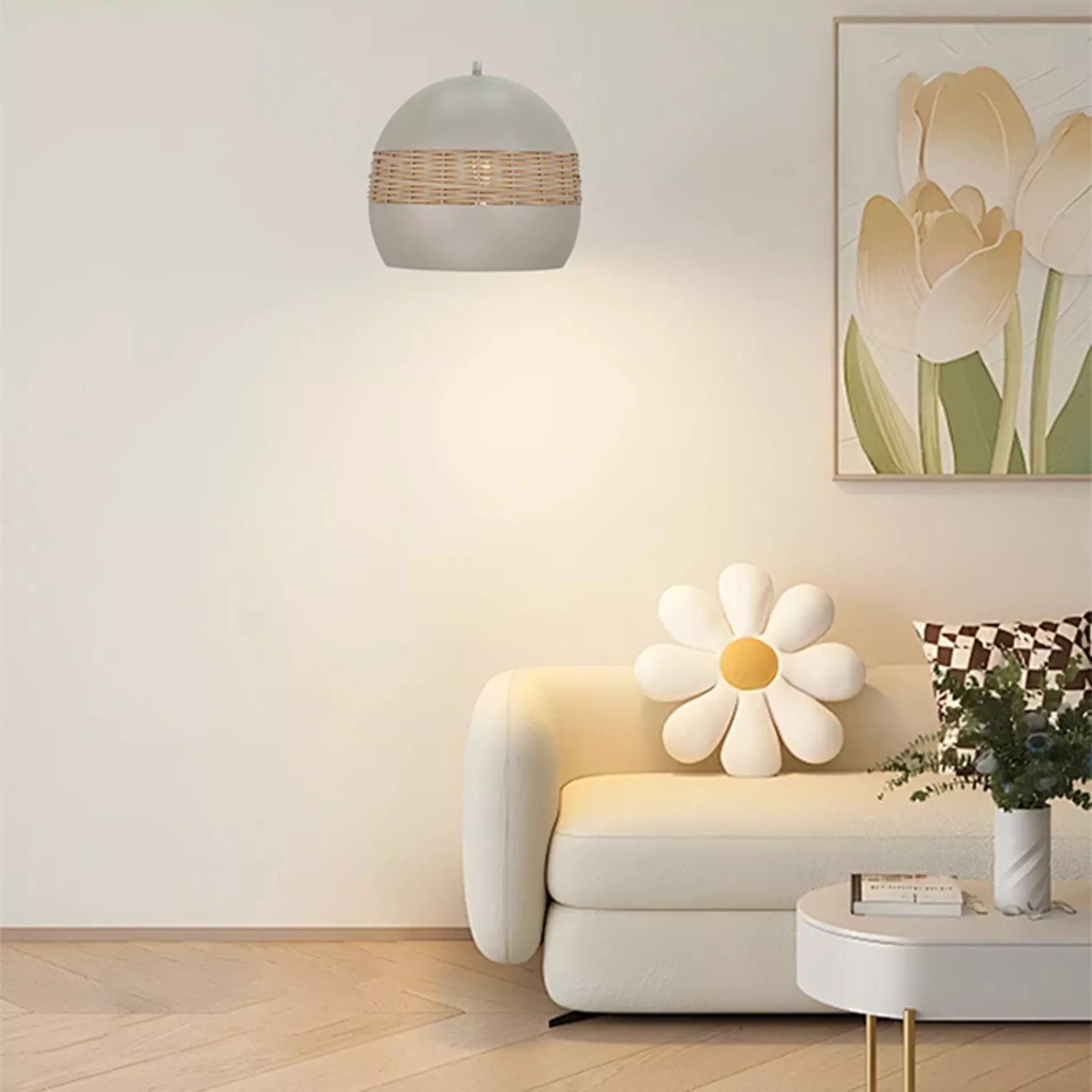Die Caserta Hängeleuchte mit Ihrem Metall und geflecht-Leuchtenschirm über einem modernen Chubby chick 2-sitzer sofa in einem schlichten Wohnzimmer