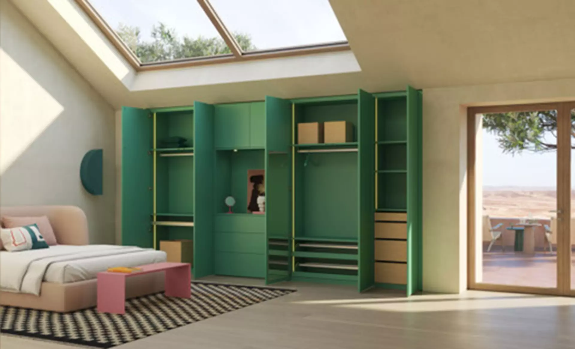 Cabin in Grün als großer Schlafzimmerschrank mit 7 Türen, Schubladen und weiteren Innenausstattungen