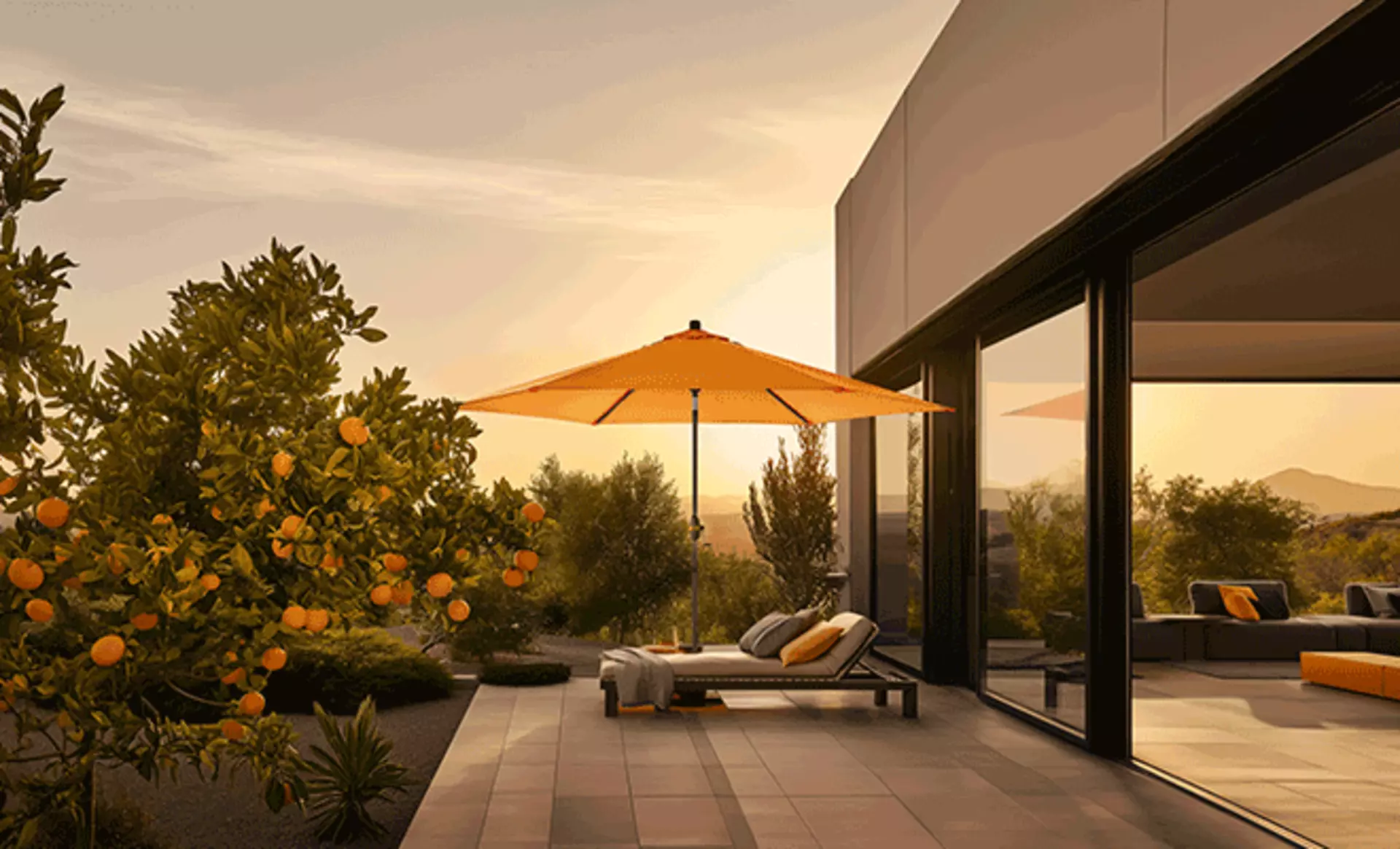 Oranger Mittelmastschirm über großer Loungefläche im Freien bei Sonnenuntergang