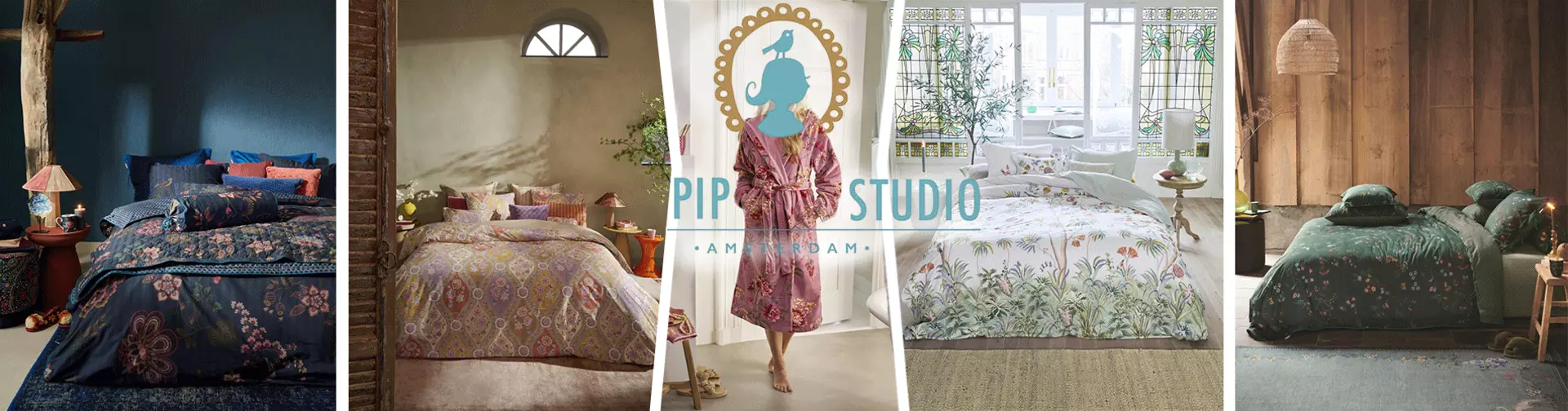 Banner mit Textilien im Schlafzimmer sowie Klamotten von der Firma Pip Studio