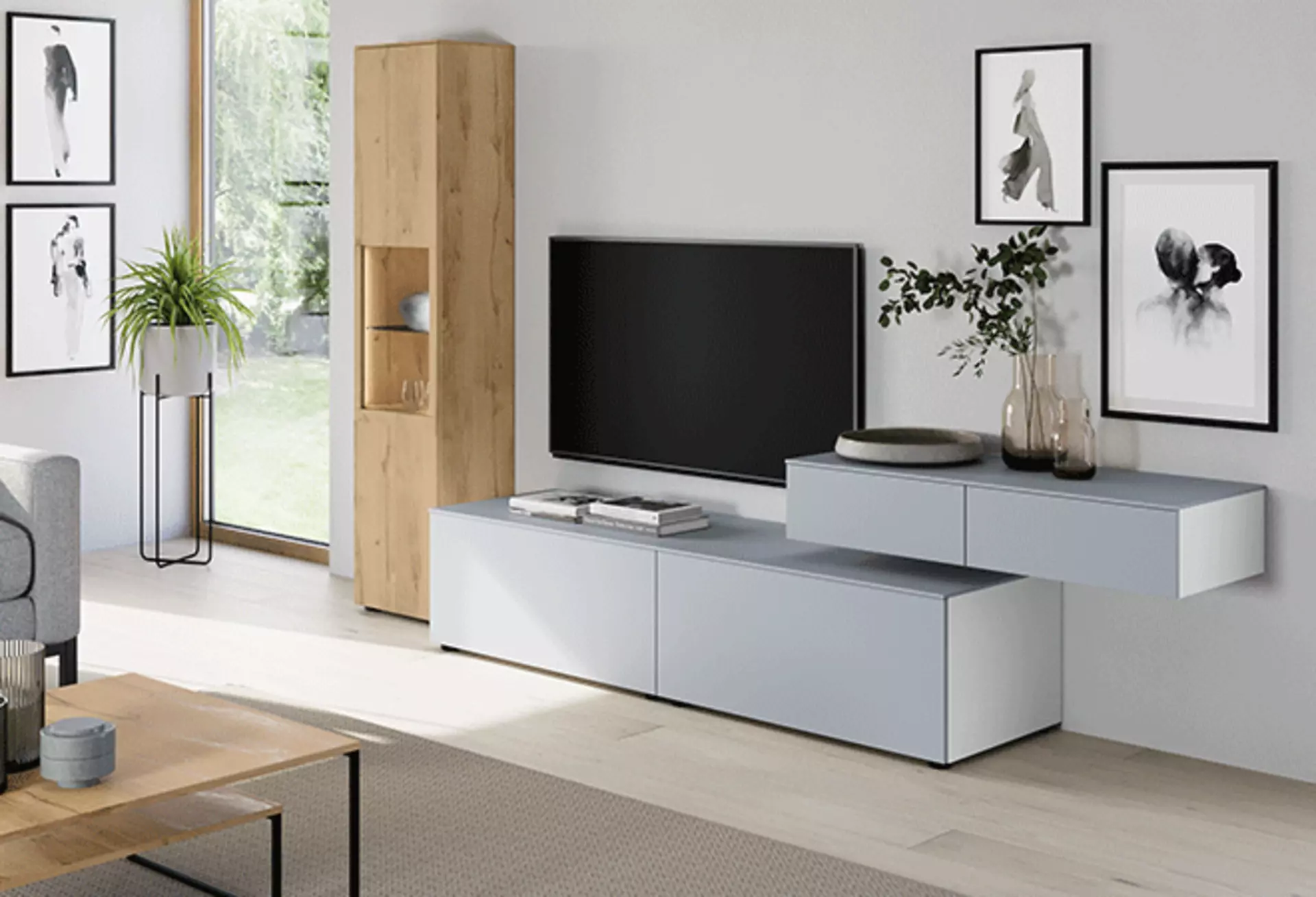 Wohnwand mit Massivholz, Metall und matt furniertem Kasten