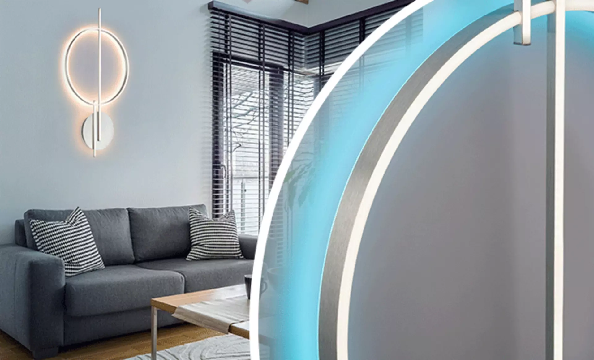 LED Designleuchte für die Wand spendet indirektes Licht im gemütlichen Wohnzimmer