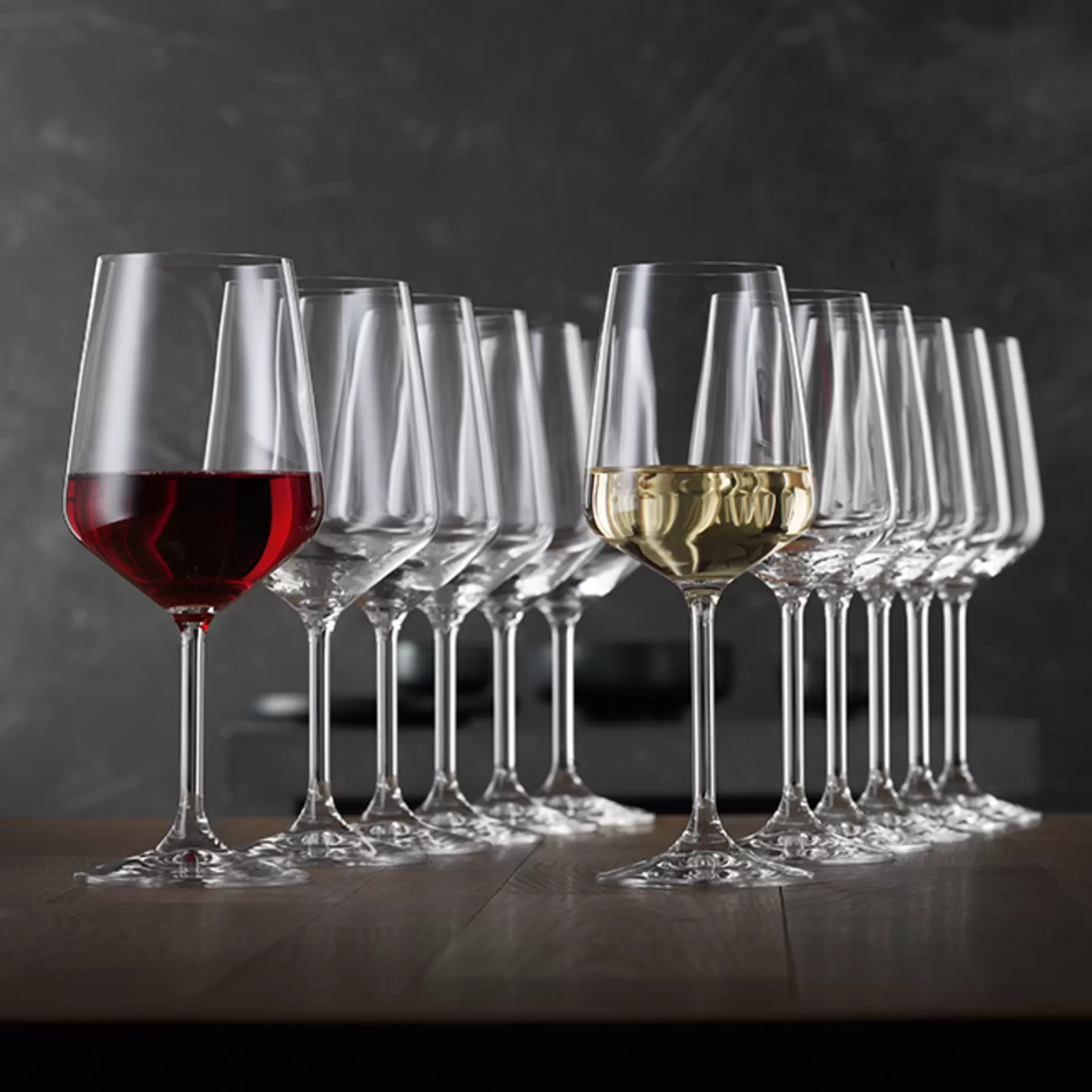 Rotwein und Weißweingläser von Spiegelau aneinander gereiht und schön aufgenommen