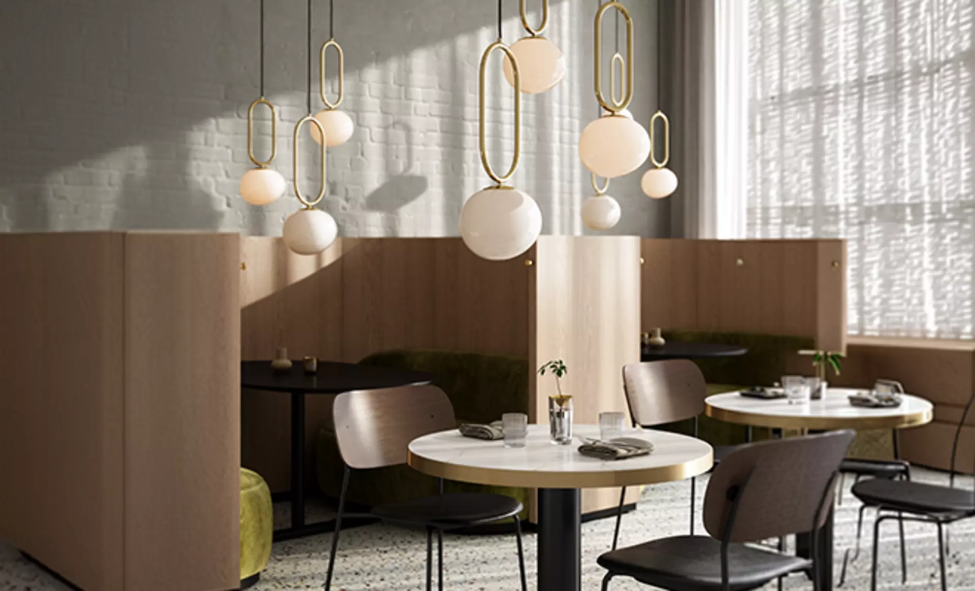 Die Shapes Hängeleuchten von Nordlux in einem modernen Essbereich oder Cafe  zu sehen