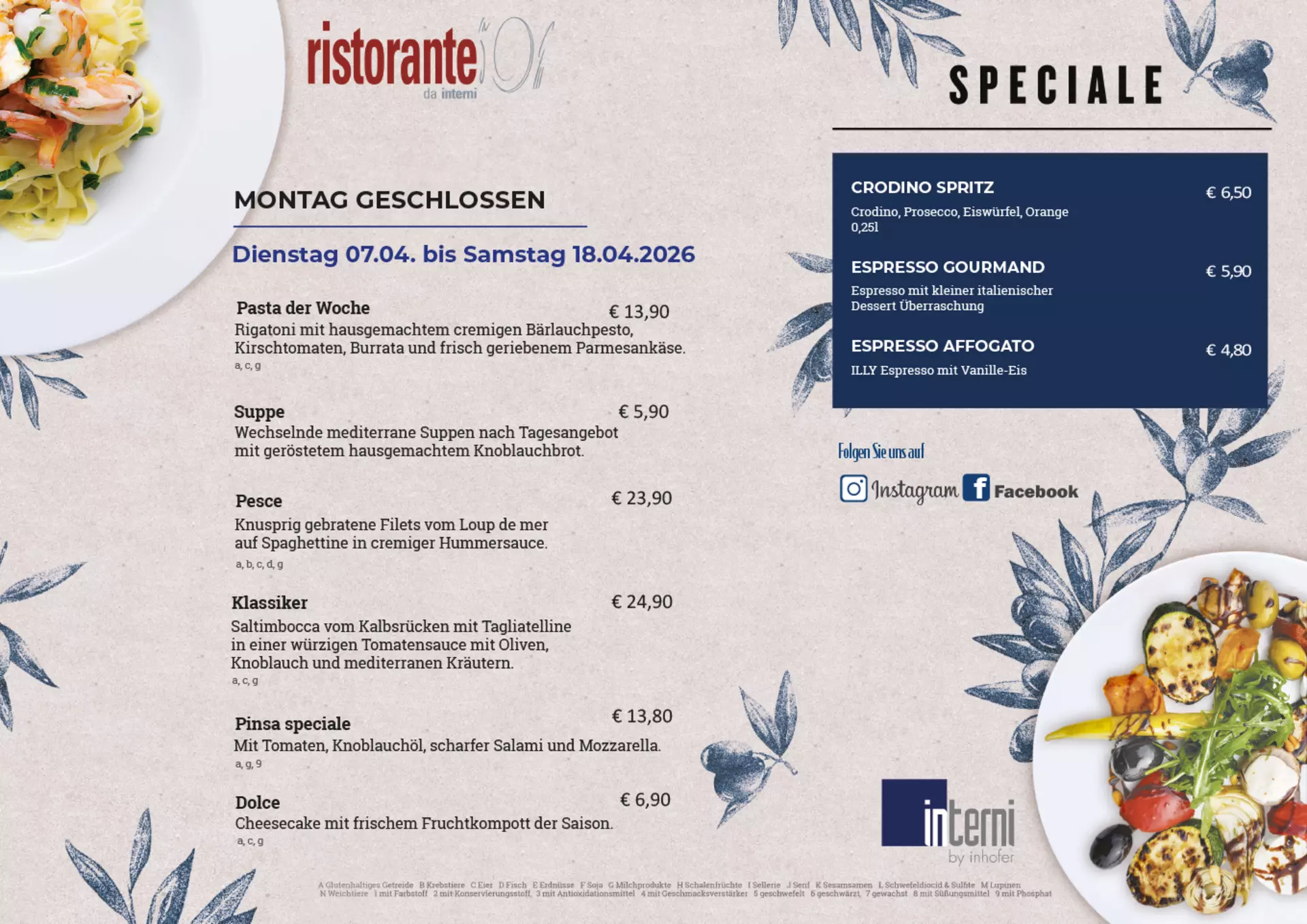 Aktuelle Speisekarte des Ristorante da interni