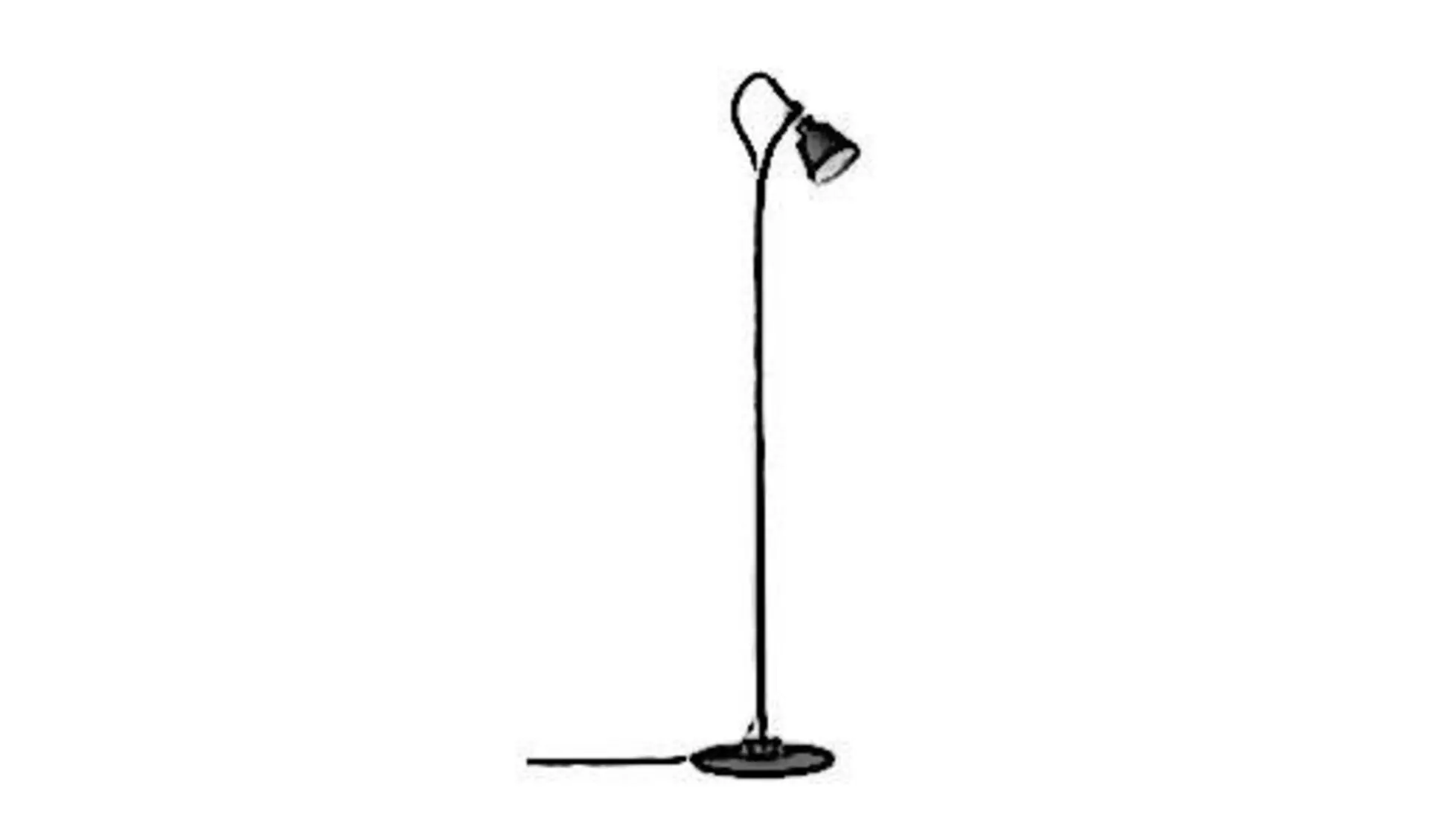 Schwarze Stehlampe mit kleinem Lampenschirm am Ende einer langen, gebogenen Stange steht als Sinnbild für alle Stehlampen.
