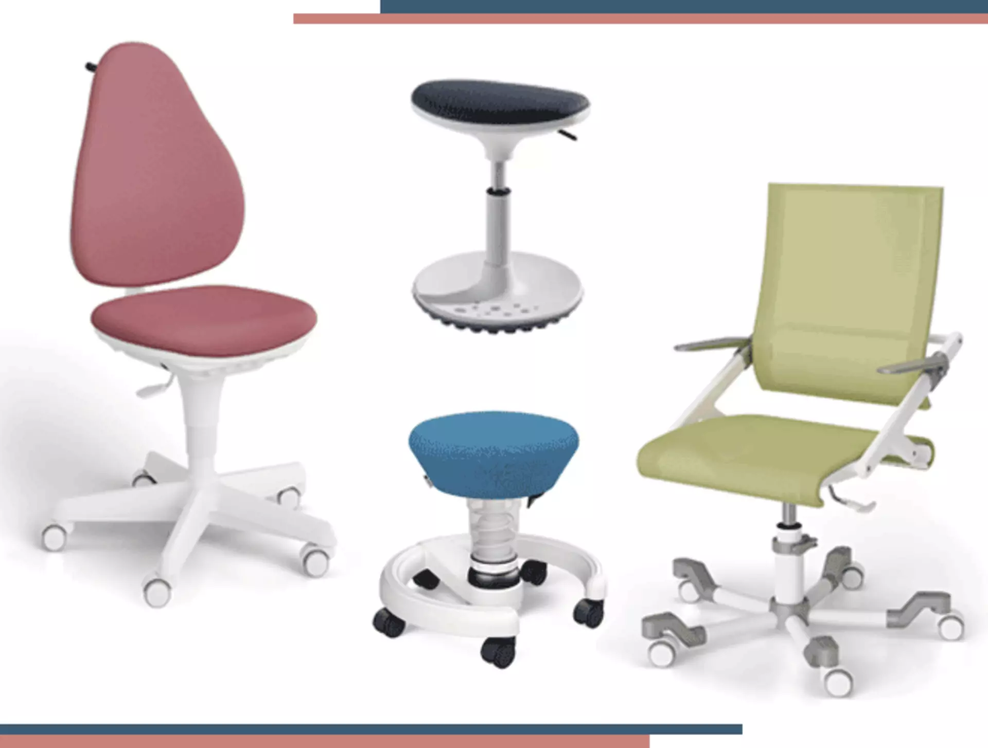 Kinder-Drehstühle und Sitzhocker in verschiedenen Farebn für ergonomisches Sitzen