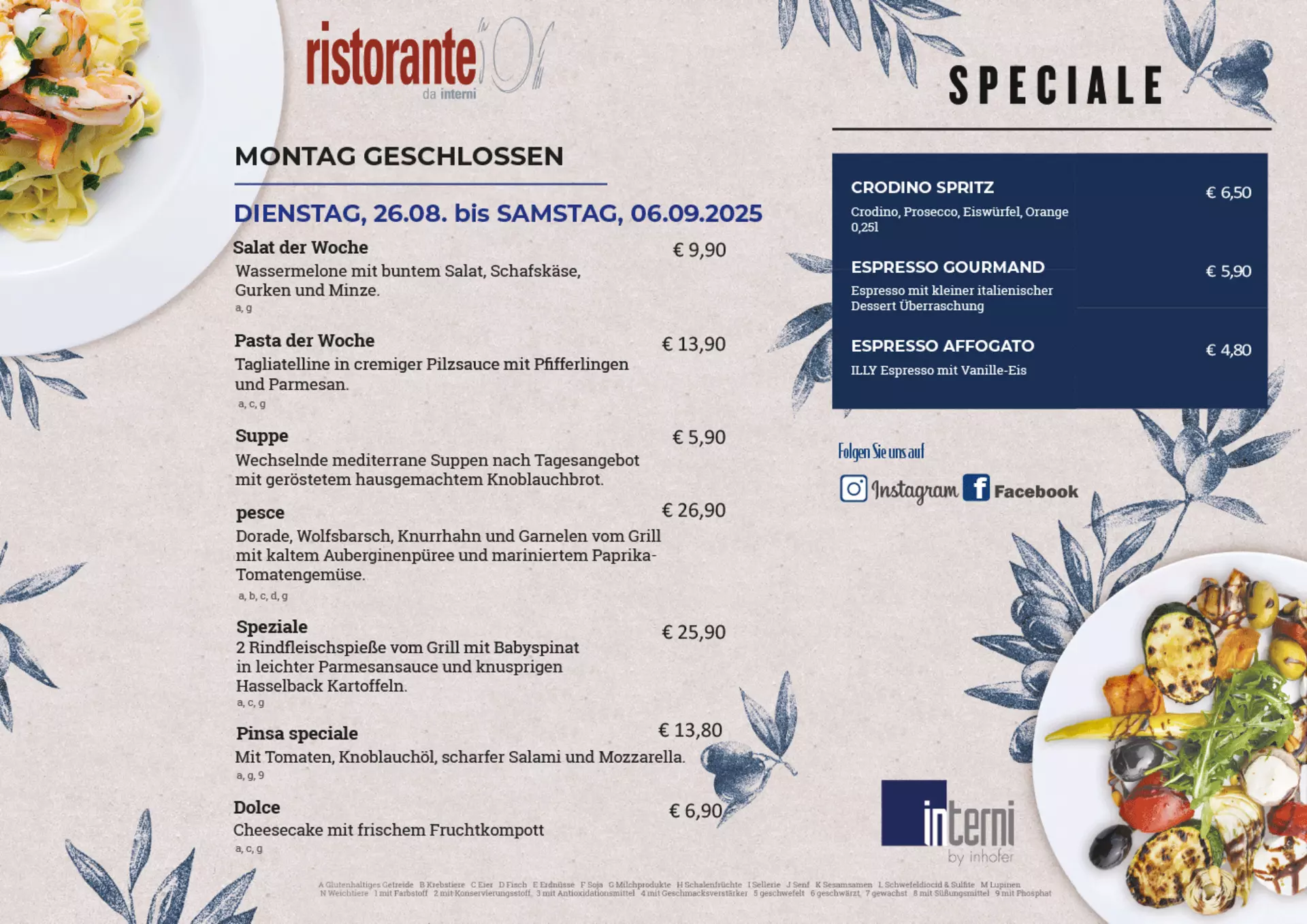 Aktuelle Speisekarte des Ristorante da interni
