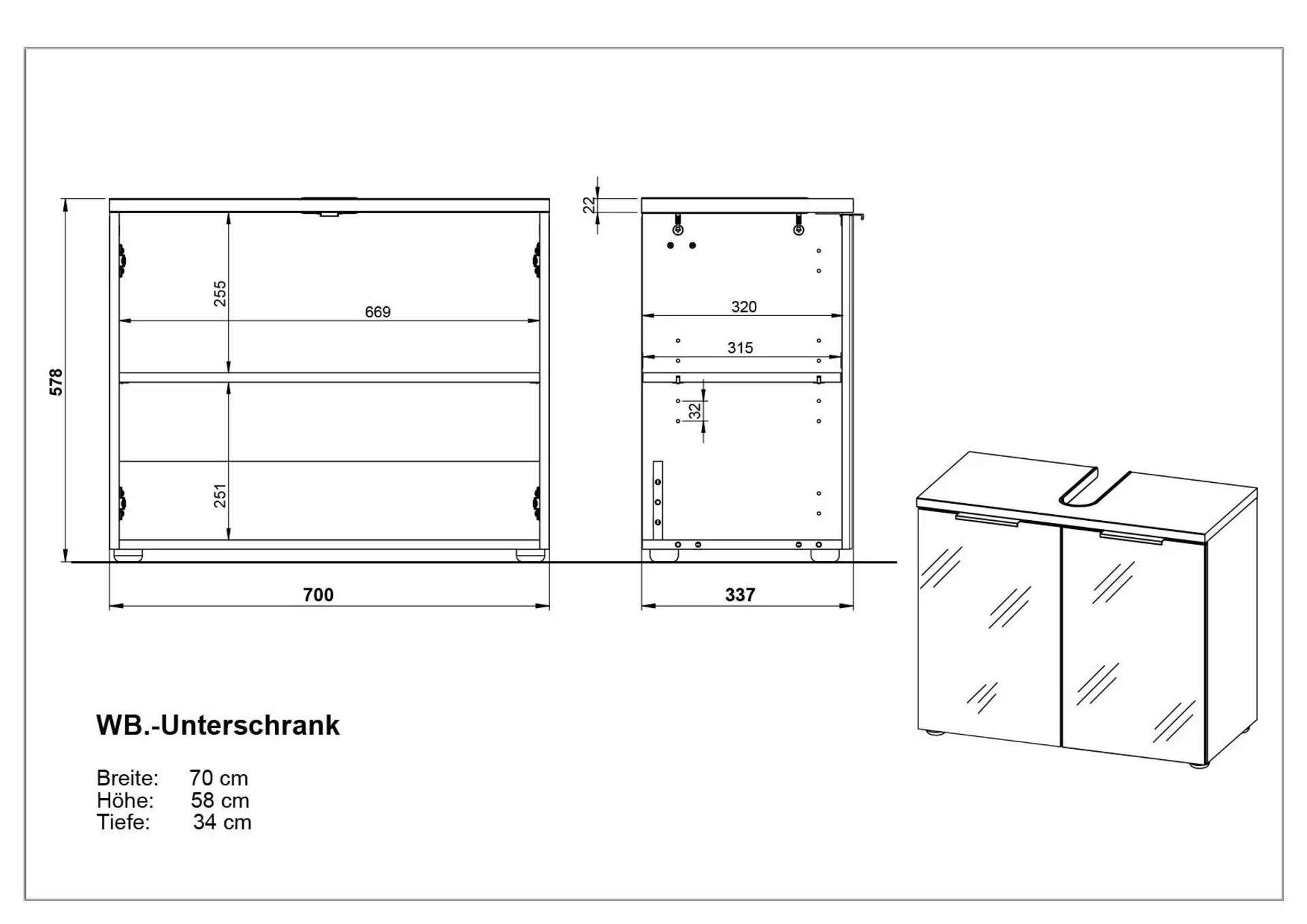 Waschbeckenunterschrank GW-PESCARA Germania Metall 34 x 58 x 70 cm