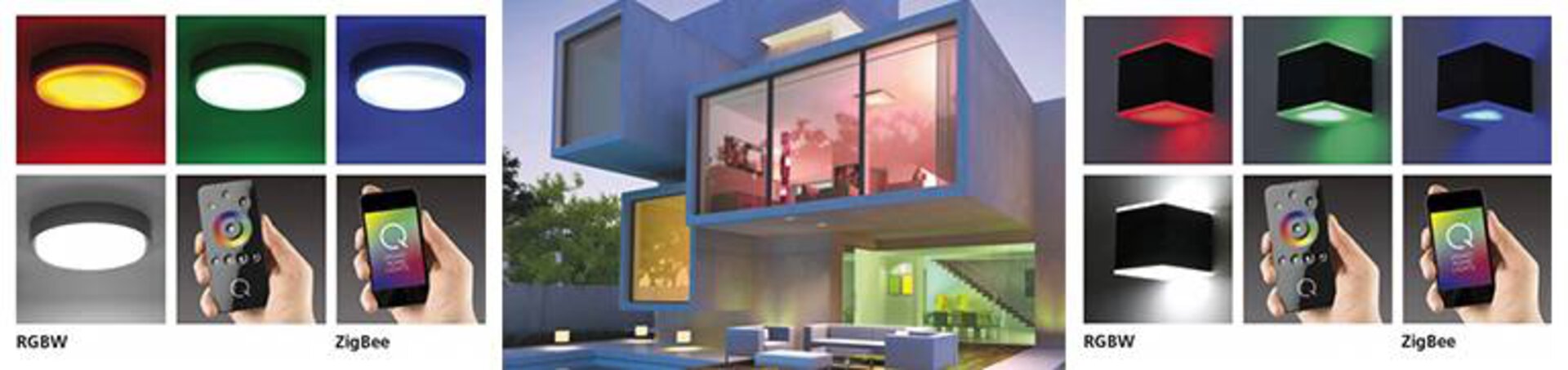 Bannerbild zur Steuerung der Smart-Home-Leuchten. Links und rechts sind Lampen in unterschiedlichen Farben zu sehen. In der Mitte ist ein geometrisches Haus von außen zu sehen, as dessen Fenster unterschiedlich farbige Lichter erstrahlen.