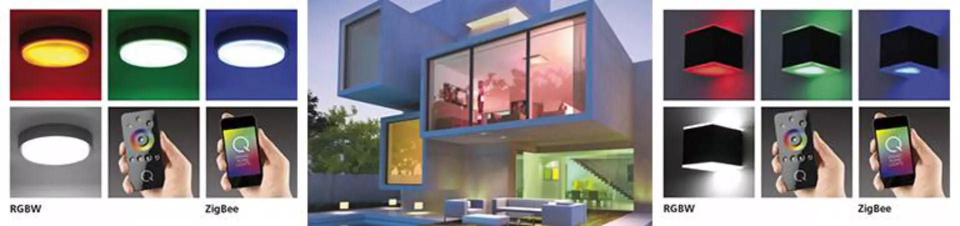 Bannerbild zur Steuerung der Smart-Home-Leuchten. Links und rechts sind Lampen in unterschiedlichen Farben zu sehen. In der Mitte ist ein geometrisches Haus von außen zu sehen, as dessen Fenster unterschiedlich farbige Lichter erstrahlen.