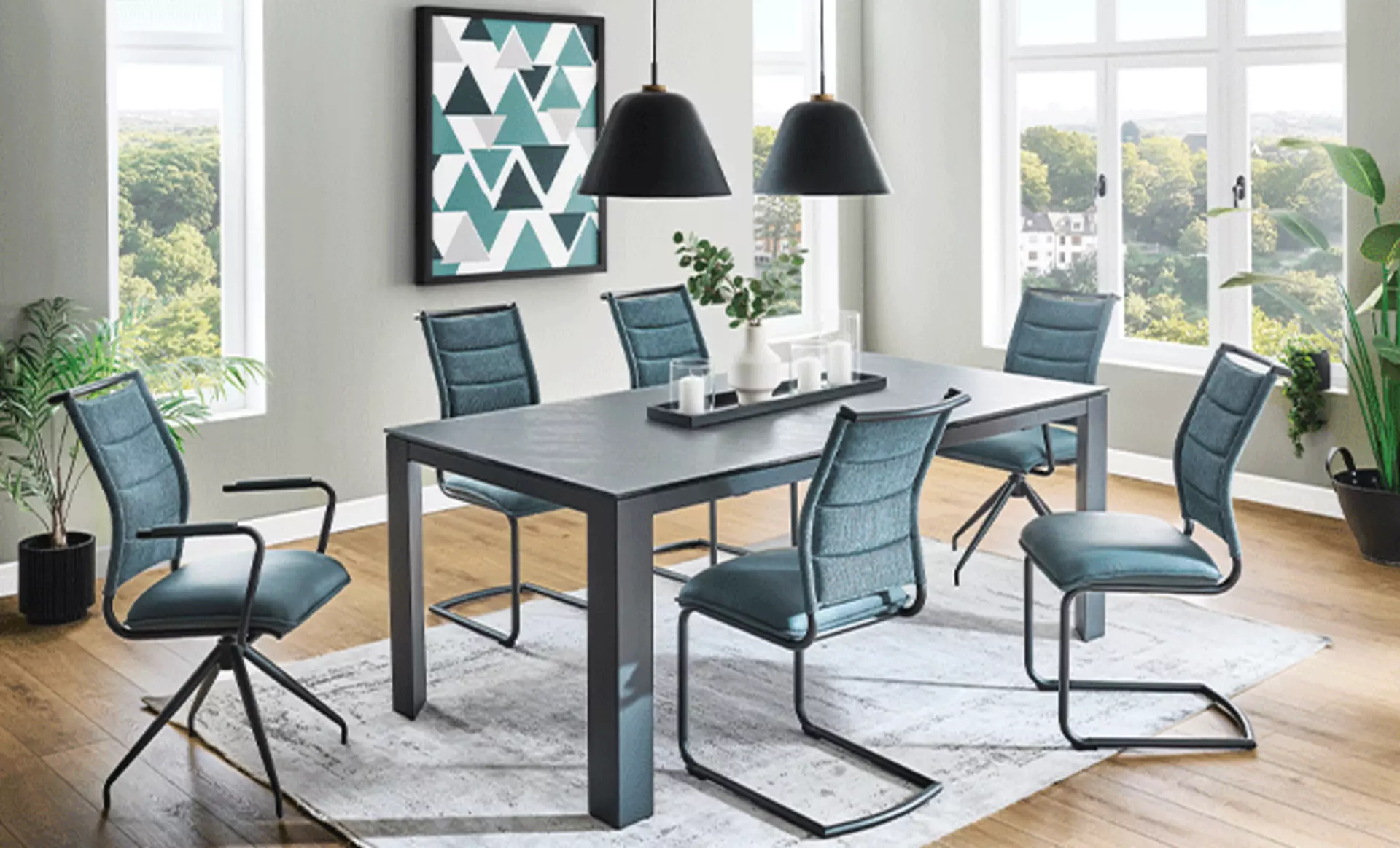 petrolfarbene esszimmergarnitur
